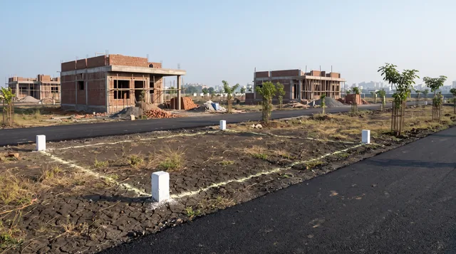 A vacant plot of cracked dark soil marked by white corner pillars and a chalk line beside a new tar road, with half-built brick houses behind it.