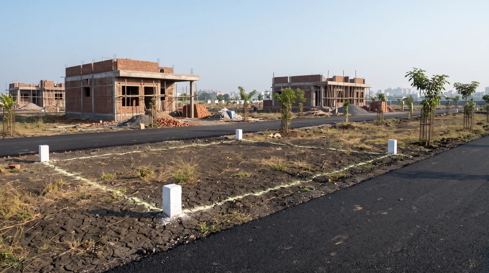 A vacant plot of cracked dark soil marked by white corner pillars and a chalk line beside a new tar road, with half-built brick houses behind it.