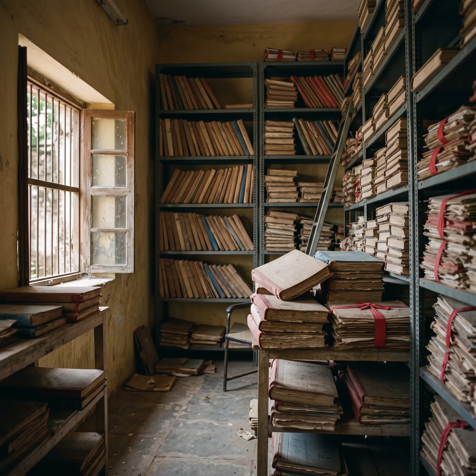 A small record room with steel shelves stacked with old bound registers and bundles of files tied with red tape, light coming through a barred window.