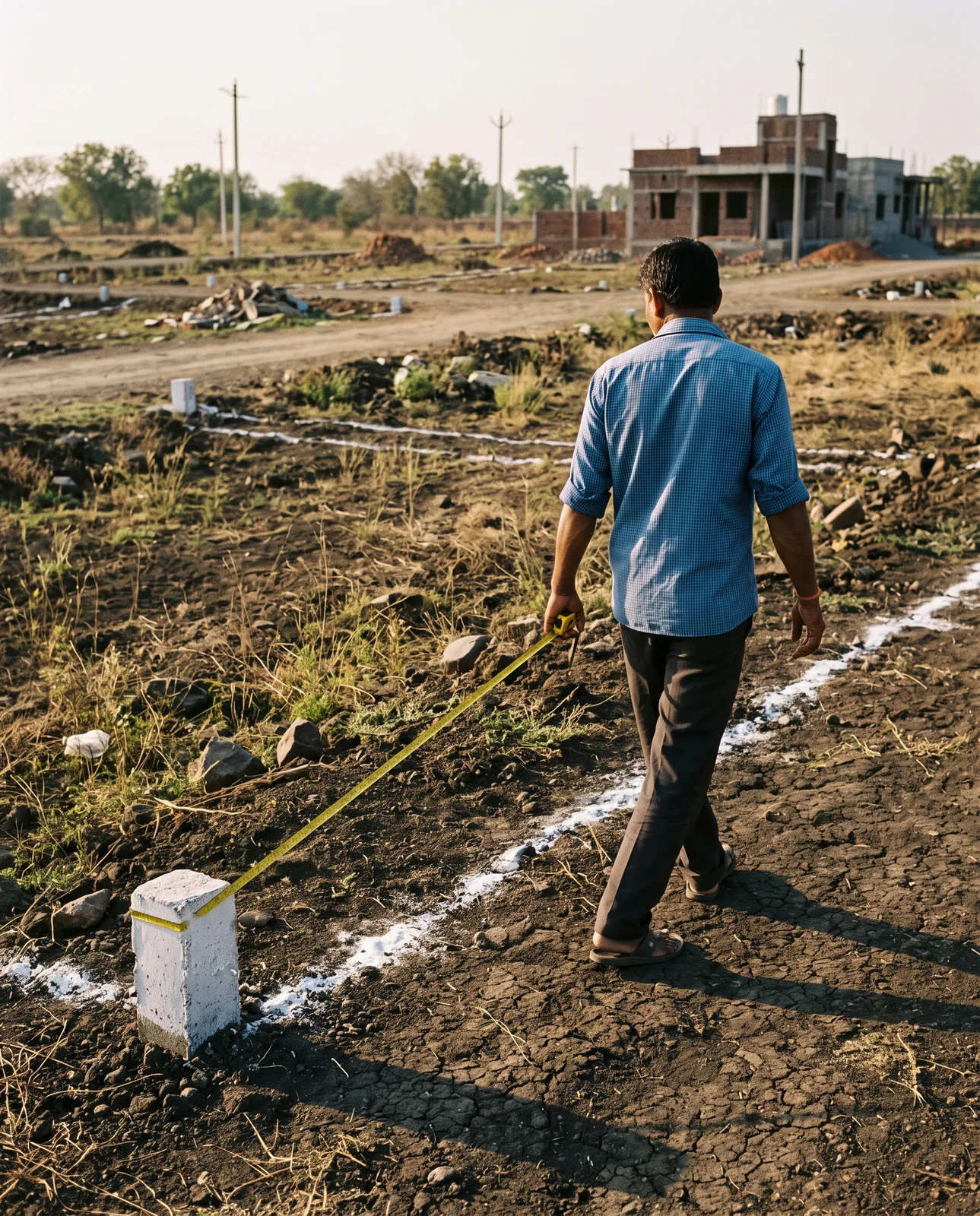 A man in a blue checked shirt walks along a chalk boundary line on dry open ground, a measuring tape stretched from a white corner pillar, half-built houses in the distance.