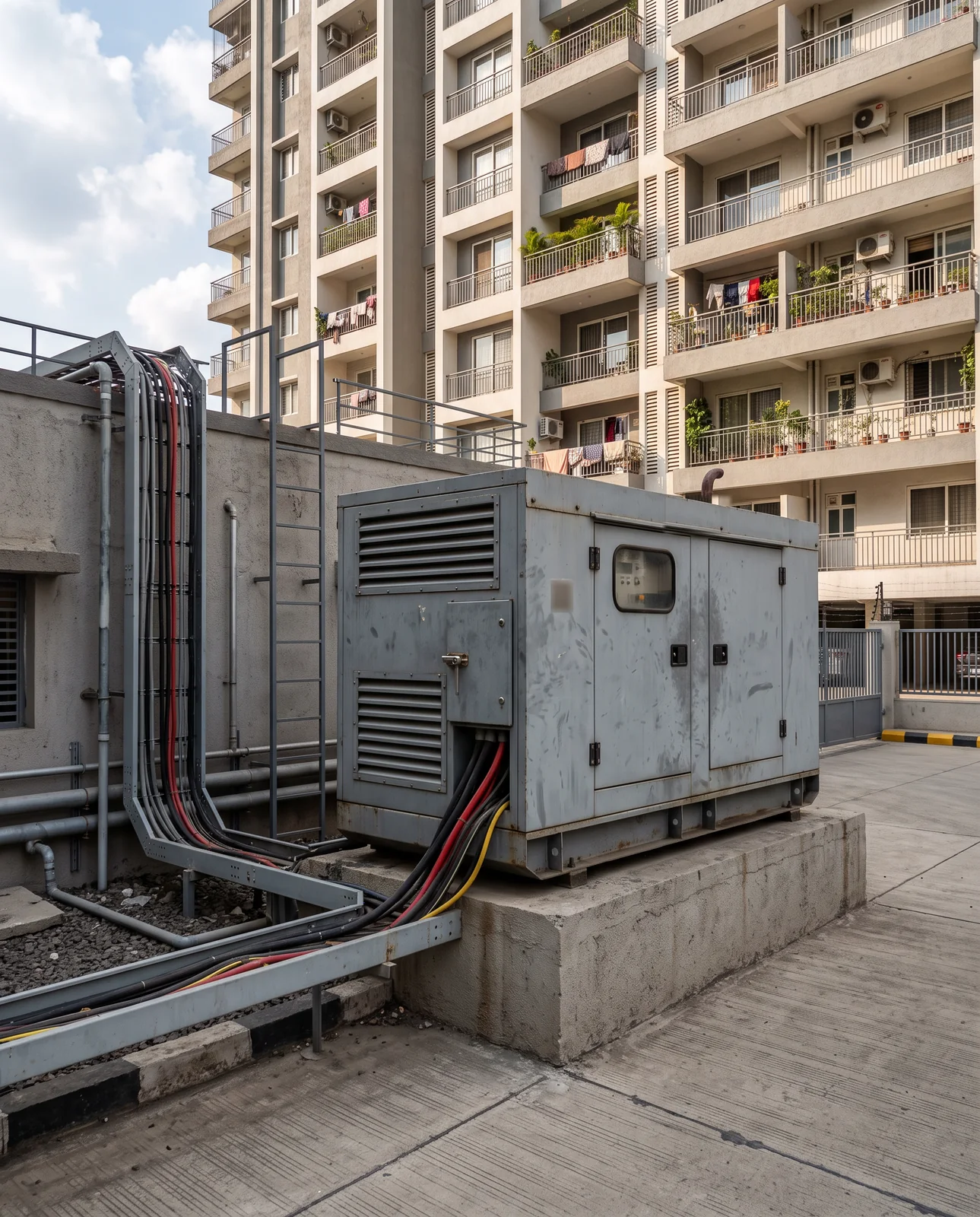A grey diesel generator set on a concrete plinth beside an apartment tower, thick red, yellow and black cables running from it along a steel tray.