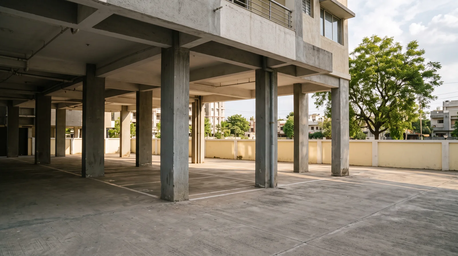 An empty stilt parking level under a mid-rise apartment block, painted bays between square concrete columns, a cream boundary wall and a large tree in afternoon light.