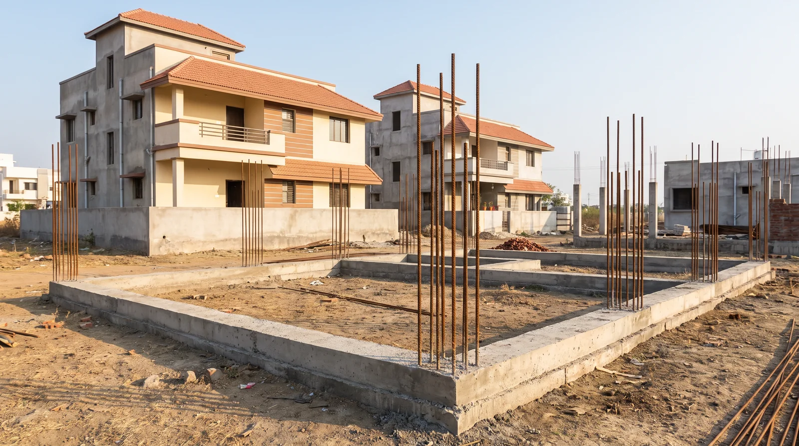 A finished concrete plinth with steel bars rising from the column positions on a dusty plot, two-storey houses with tiled roofs standing behind it.