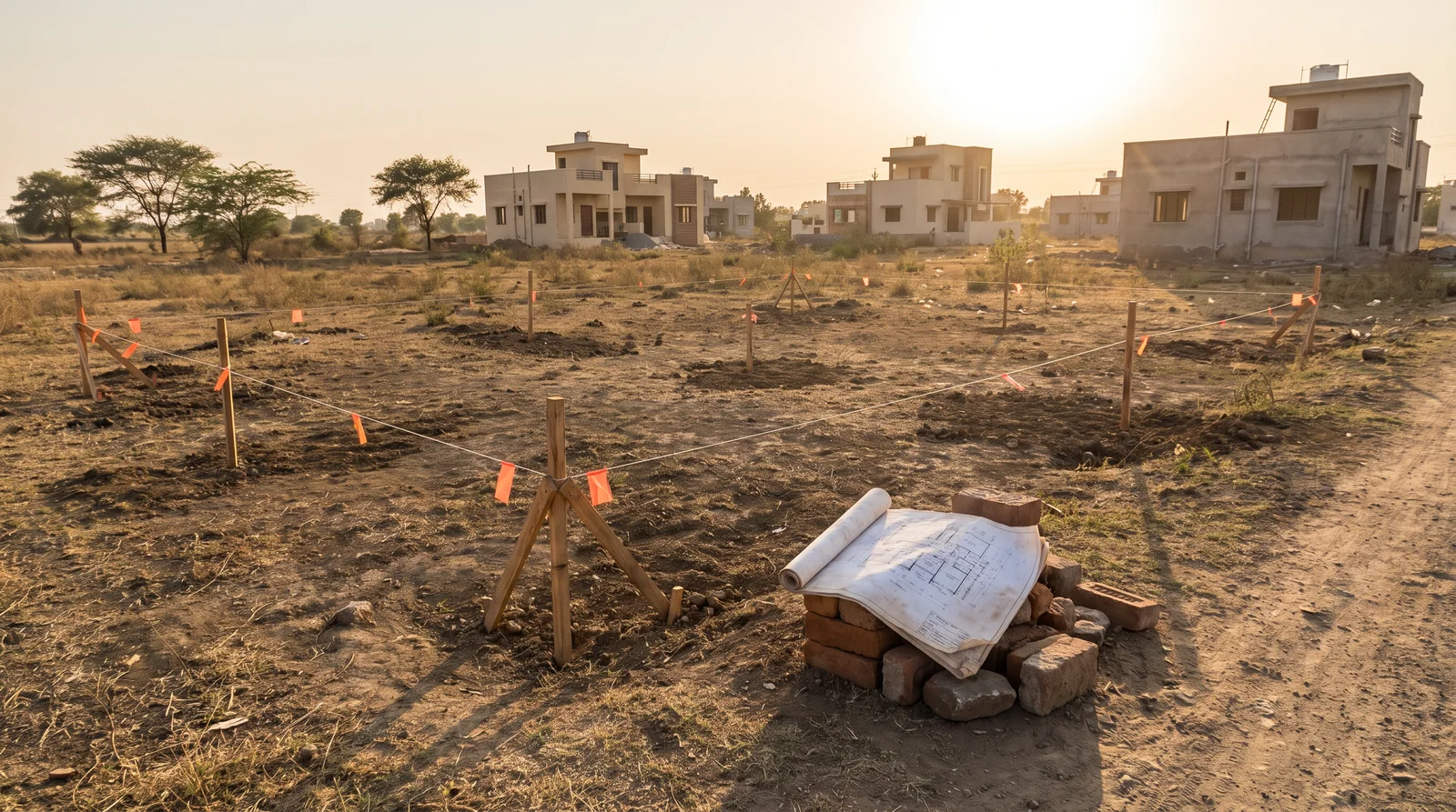 An empty plot marked out with wooden stakes, string and orange flags, a rolled-out house drawing weighed down by bricks in the foreground and finished houses behind in low evening sun.