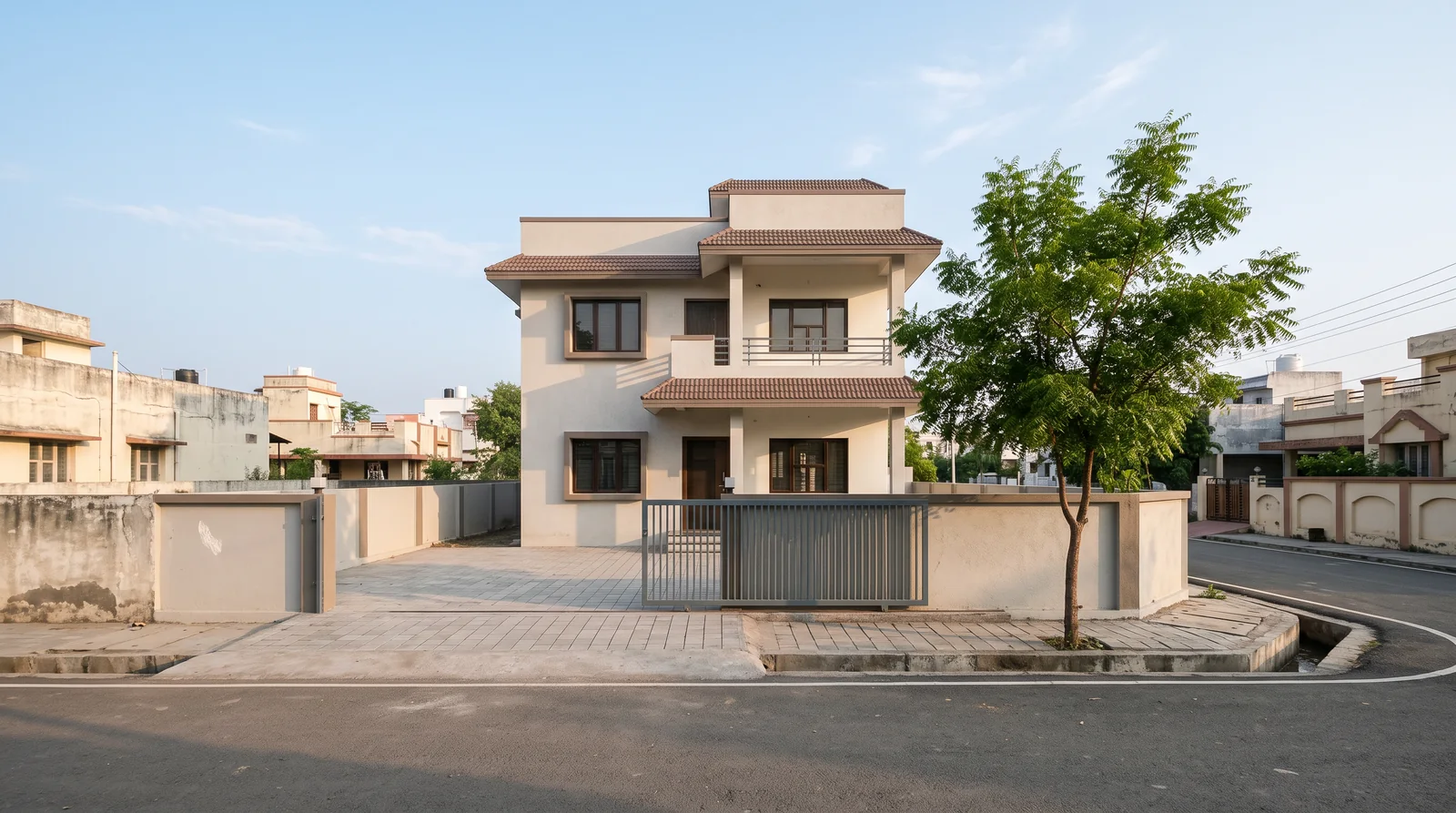 A two-storey house set back behind its front boundary wall and gate, with a paved open space in front and a narrow open strip along one side, on a quiet colony road.