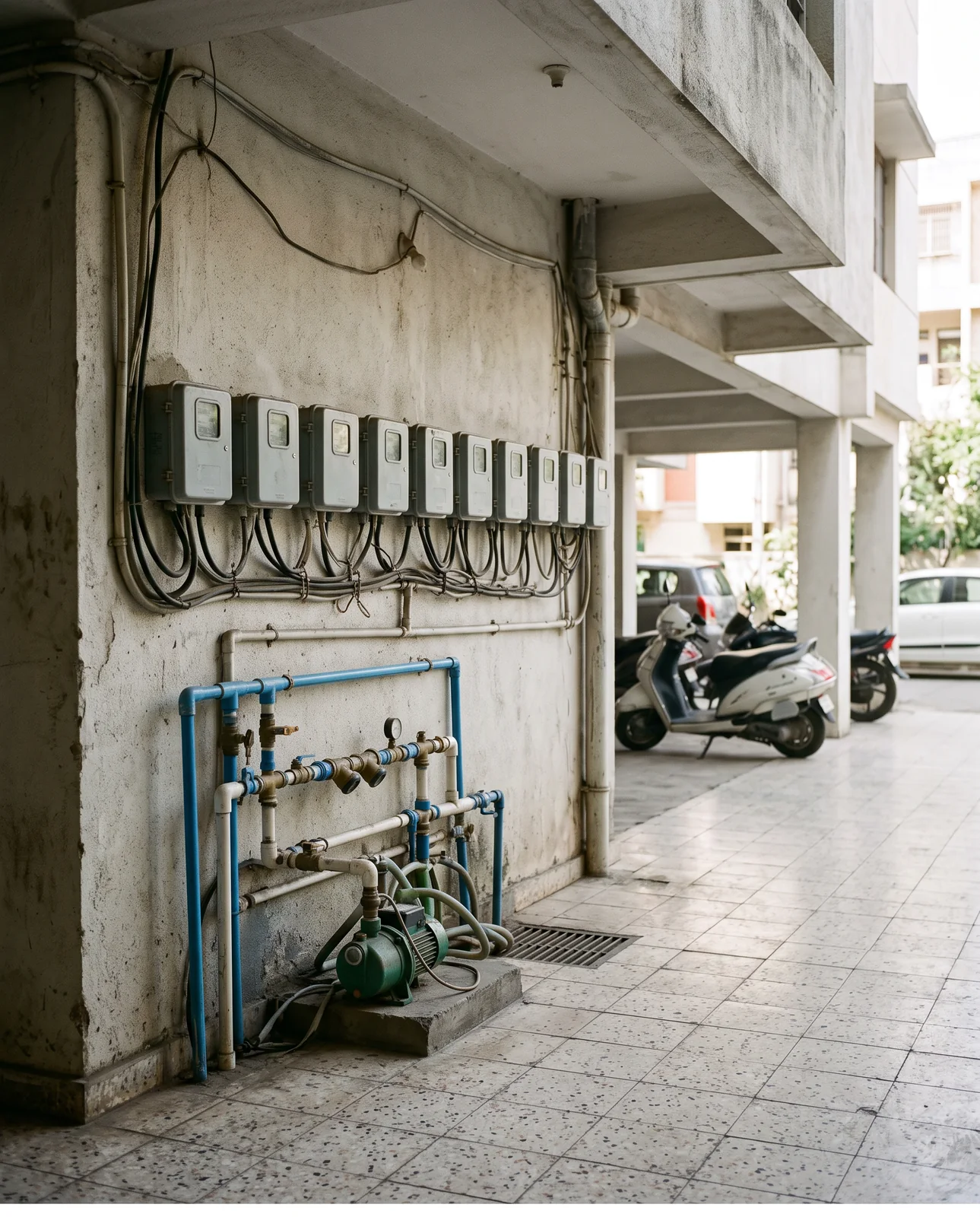 A row of ten electricity meters above a water manifold and pump on the ground-floor wall of an apartment block, scooters parked under the stilts beside it.