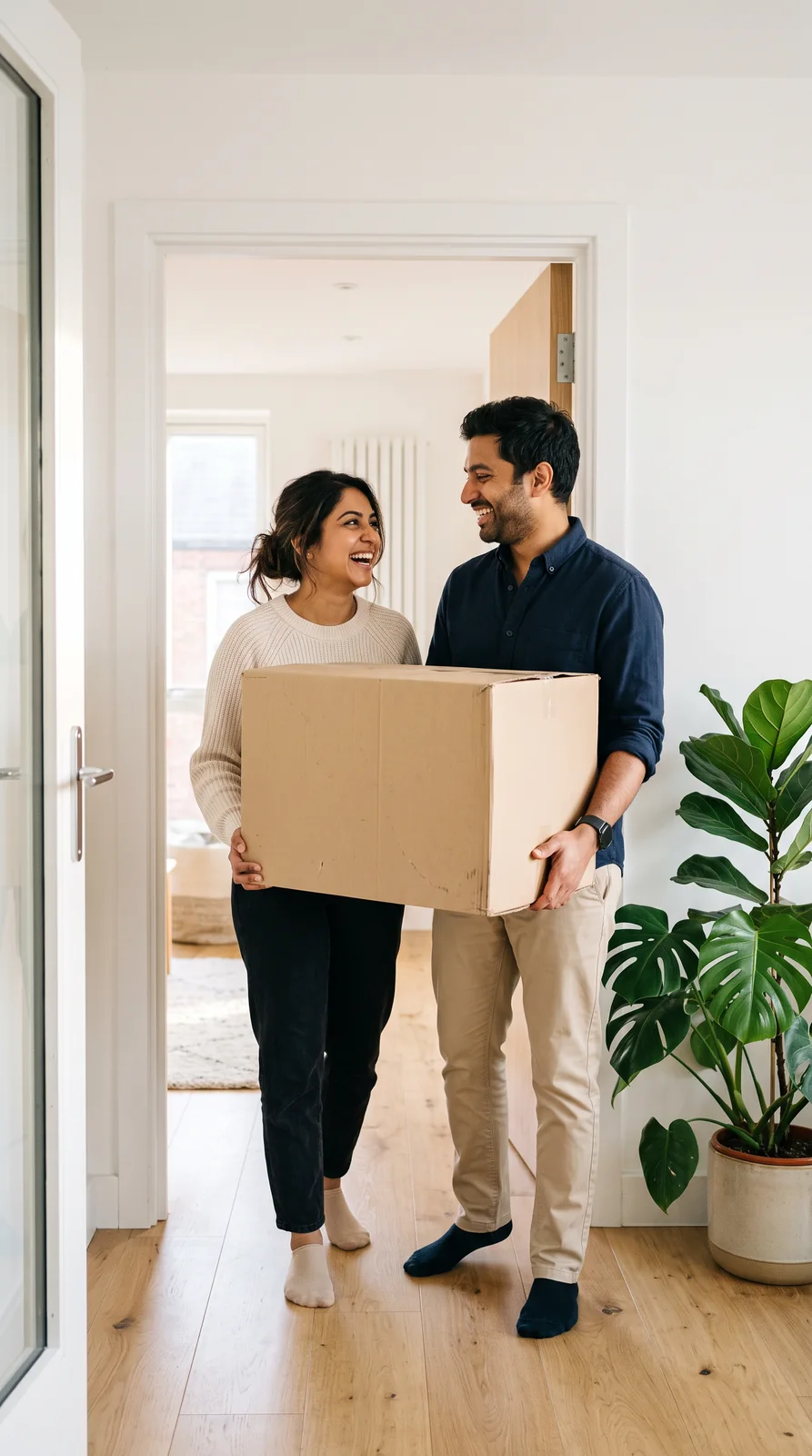 A smiling couple carry a large cardboard box together through the doorway of a bright, empty flat with wooden floors and a potted plant.