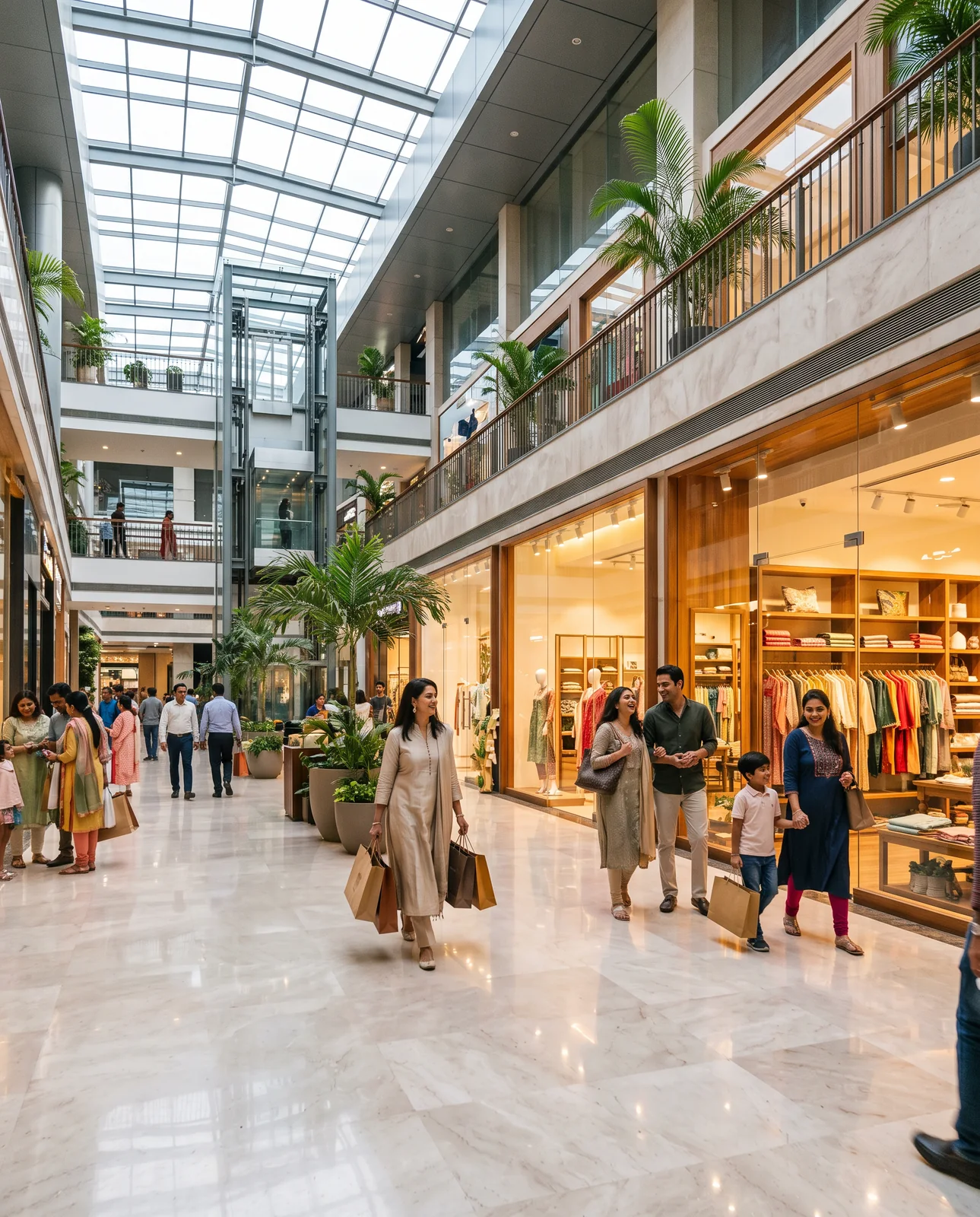 A bright two-level shopping arcade under a glass roof, with lit clothing shops along one side and families carrying shopping bags across a polished marble floor.