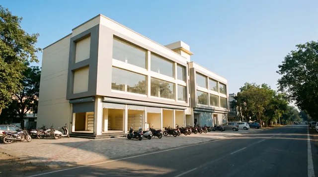 A new three-storey commercial building on a tree-lined road, empty shops with open roller shutters on the ground floor and glass-fronted offices above, two-wheelers parked along its paved front.