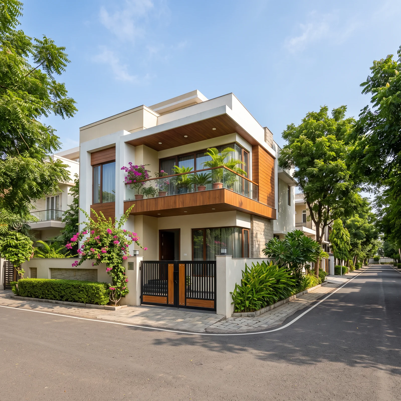 A well-kept two-storey house with a wooden-clad balcony, flowering bougainvillea and a closed slatted gate stands on a quiet, tree-lined colony road.