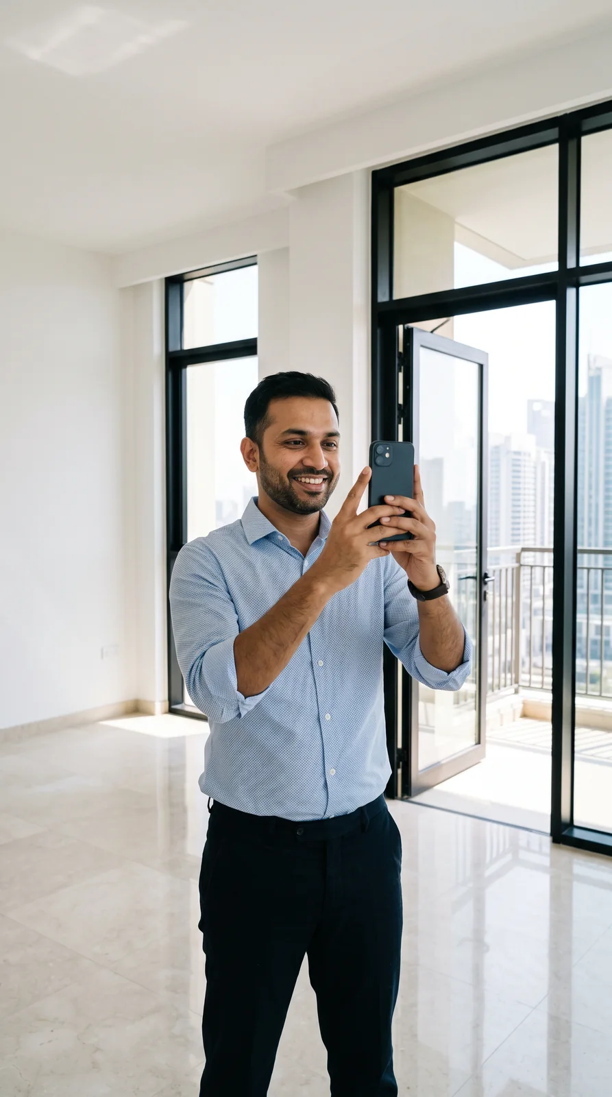 A smiling man in a light blue shirt photographs an empty, sunlit flat on his phone, a glass door open to a balcony behind him.