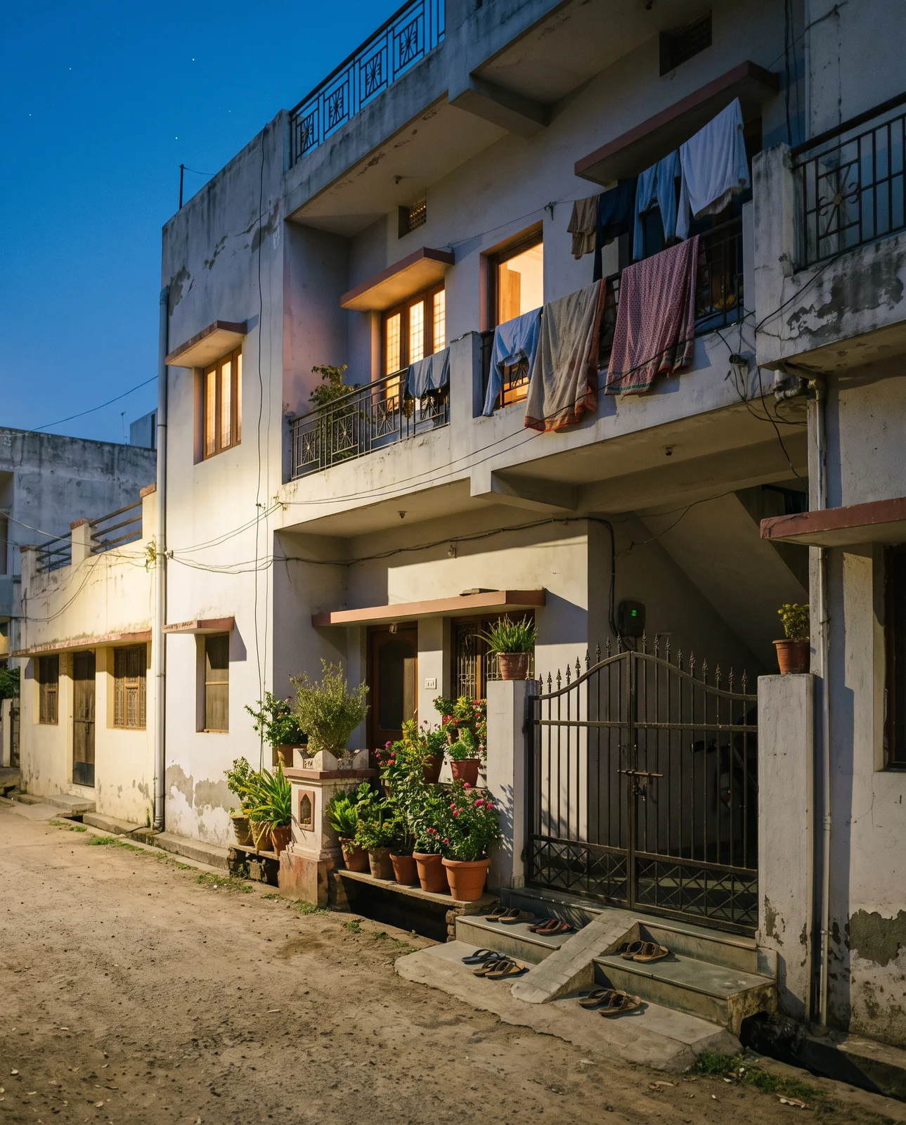 A two-storey colony house at dusk with lights on in the windows, washing on the balcony and potted plants by a closed iron gate.