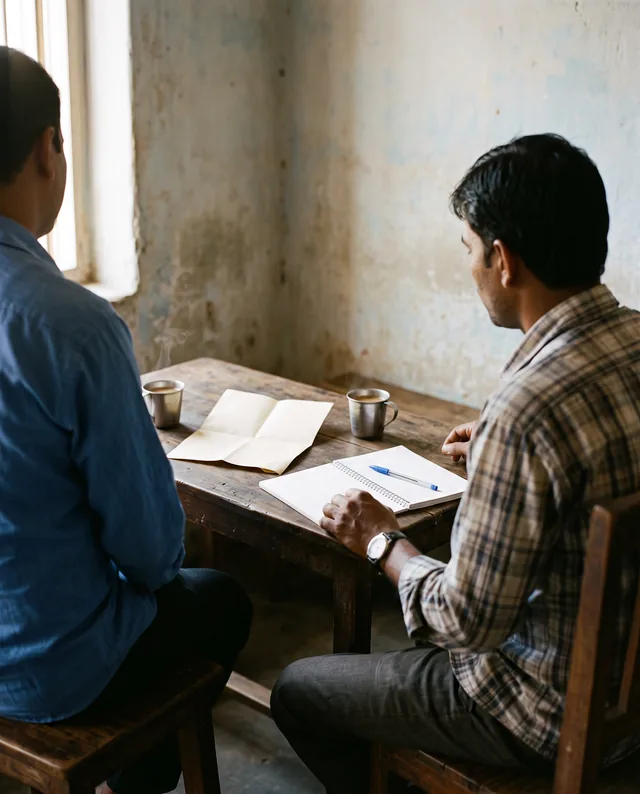 Two men sit across a wooden table with a folded paper, a notebook and two steel cups of tea between them