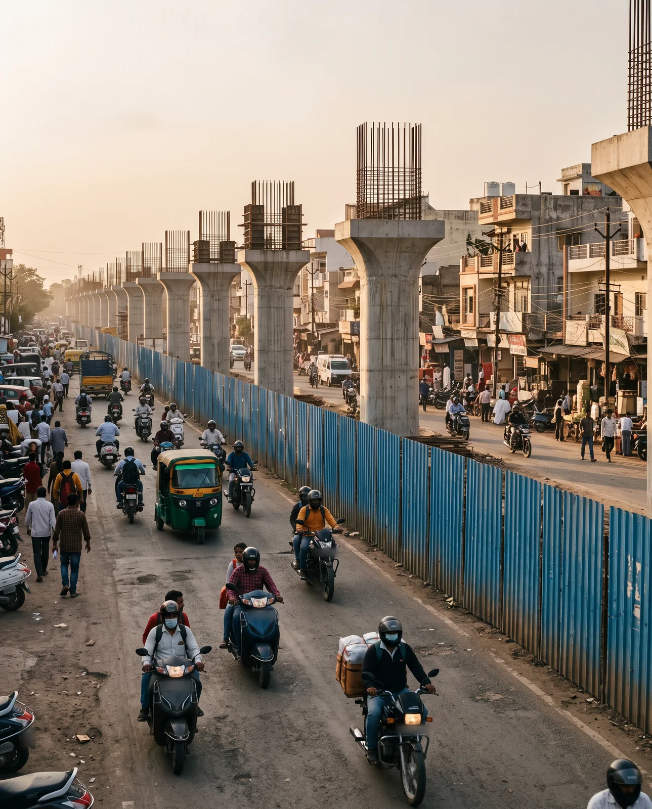 Blue metal barricades run down the middle of a crowded street beside a row of unfinished concrete pillars with steel bars sticking out of their tops.