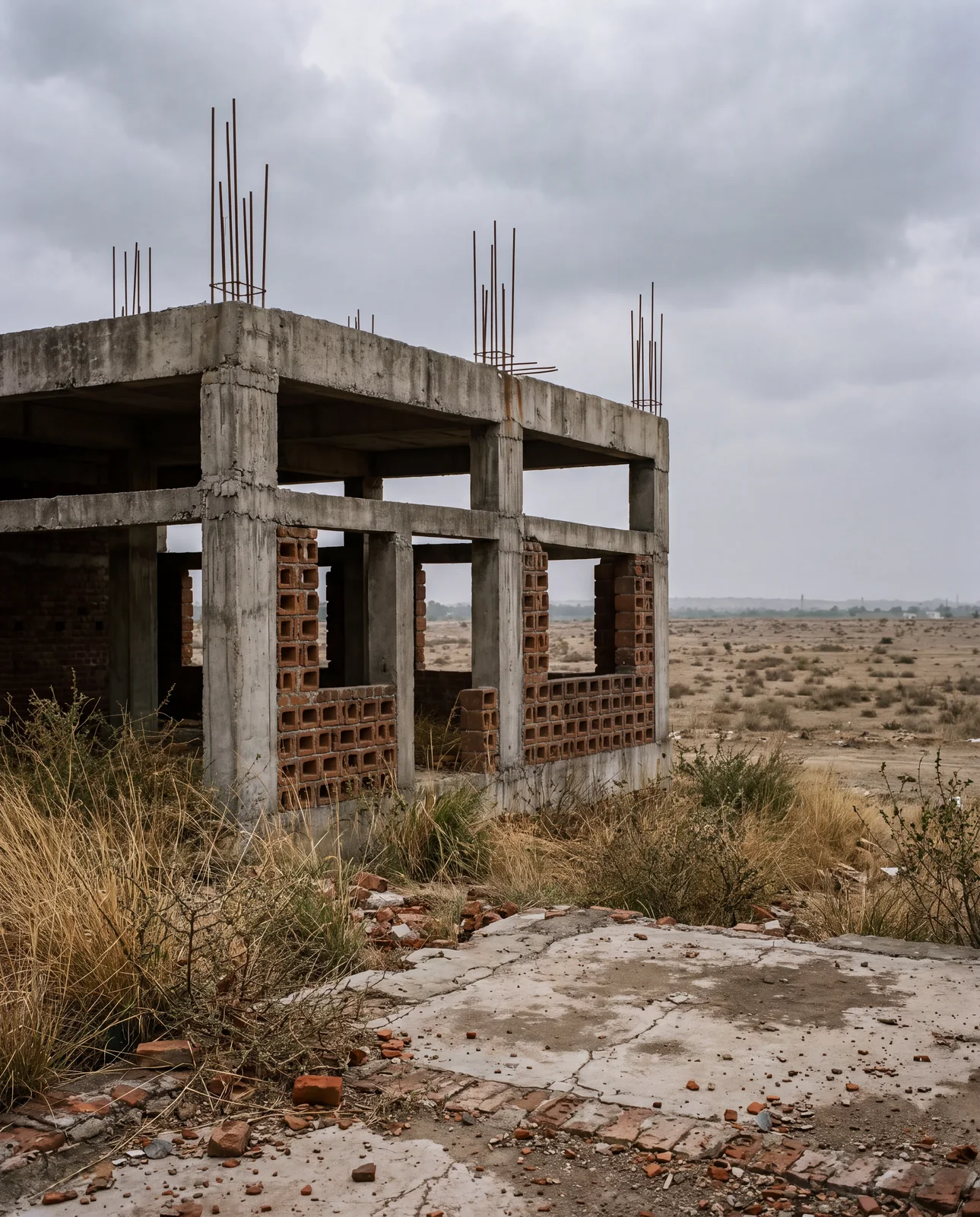 An abandoned concrete frame with rusting reinforcement bars and half-laid brick walls stands on bare land under a grey sky.