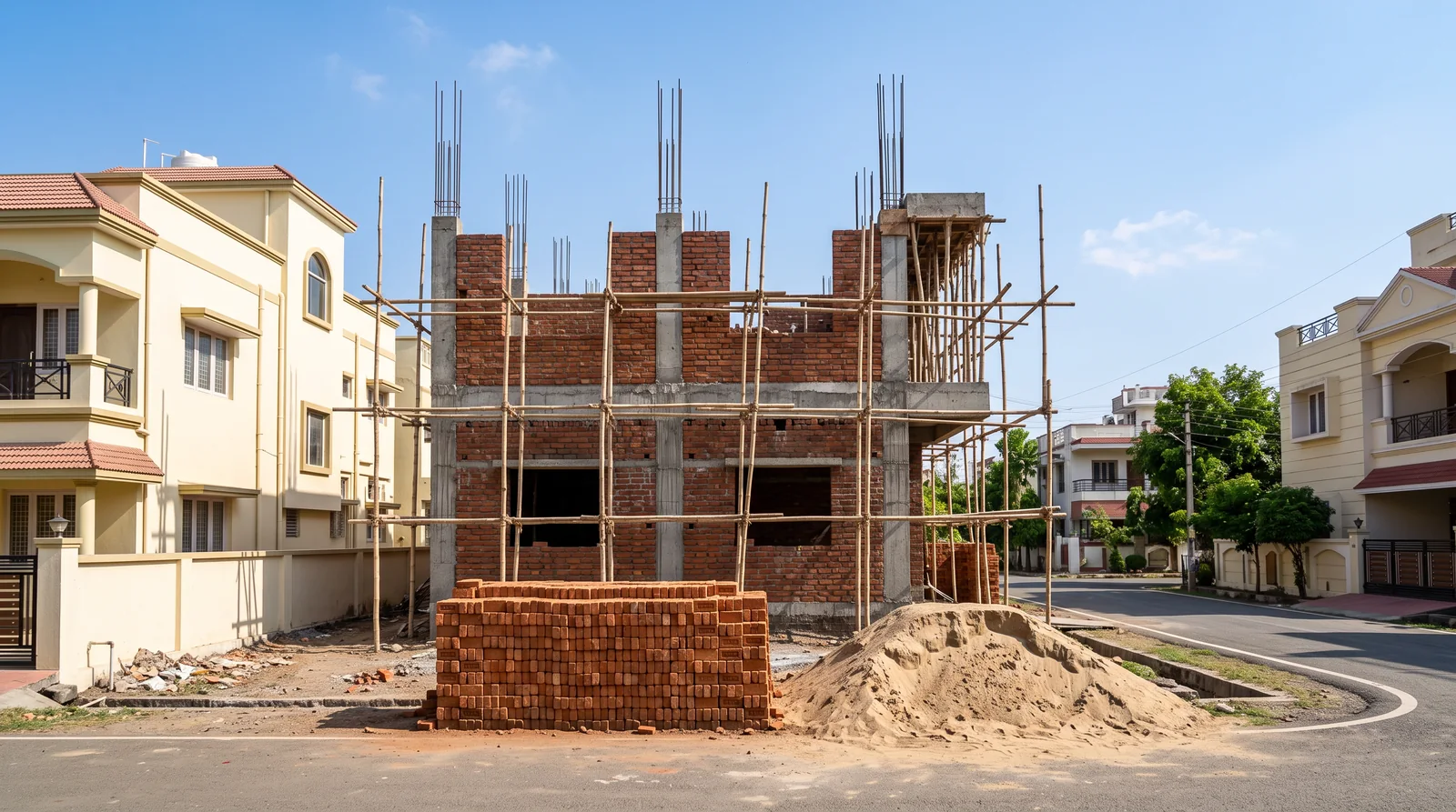 A two-storey brick and concrete house under construction on a colony plot, with bamboo scaffolding, a stack of bricks and a heap of sand in front.