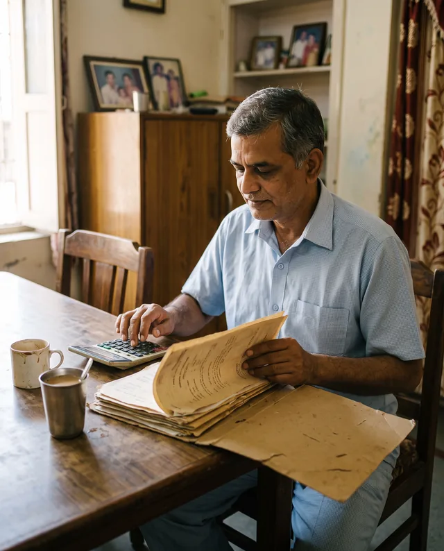 A grey-haired man in a light blue shirt works a calculator at a dining table while leafing through a folder of old, yellowed property papers.