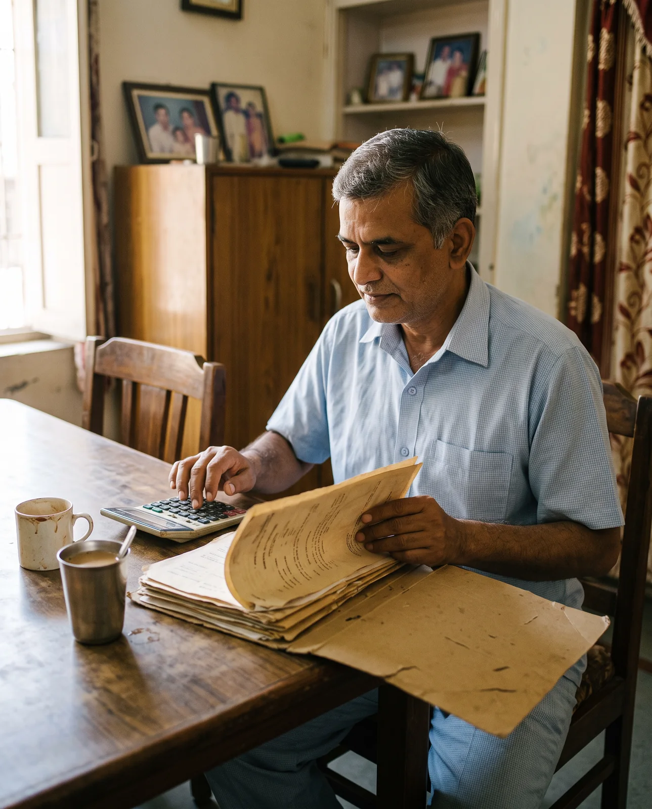 A grey-haired man in a light blue shirt works a calculator at a dining table while leafing through a folder of old, yellowed property papers.
