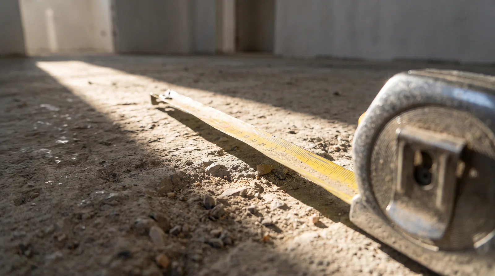 A steel measuring tape lies extended across a dusty, unfinished concrete floor in a shaft of sunlight, the bare walls of a room behind it.