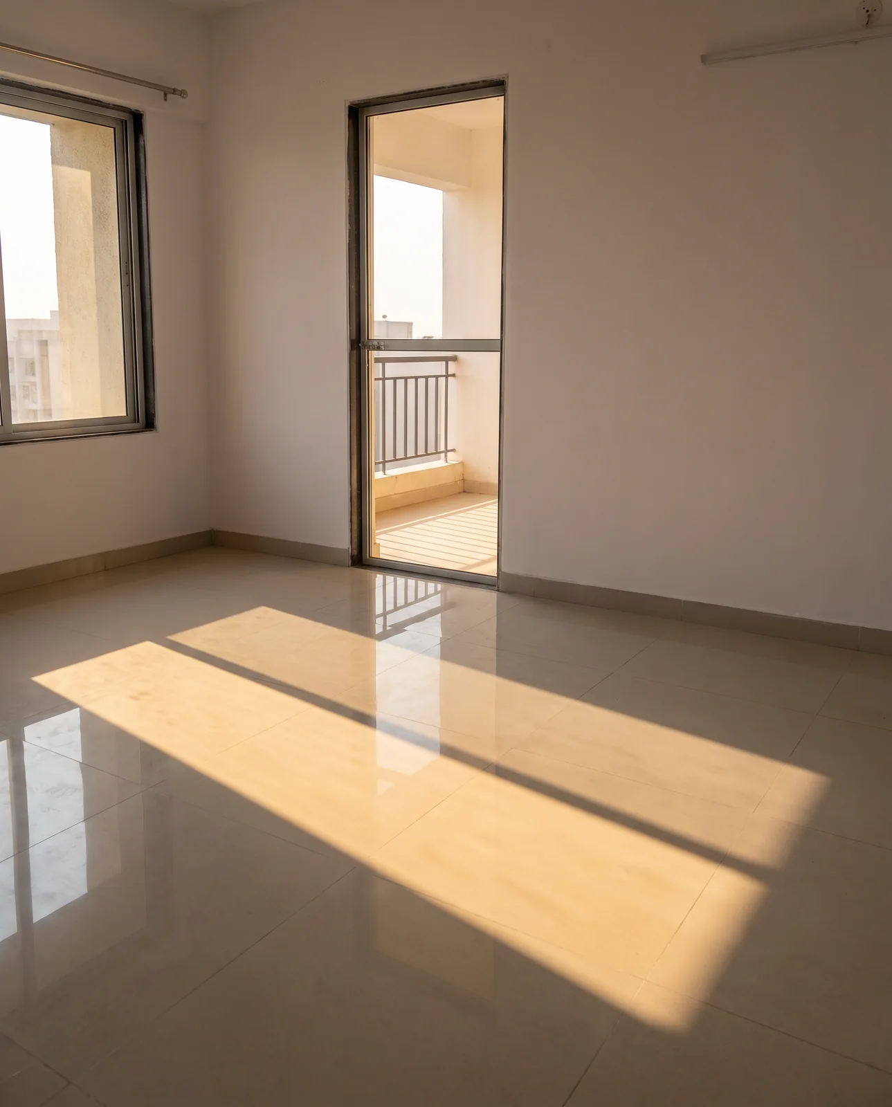 An empty room in a new flat with glossy floor tiles, late sun falling across the floor, a window on the left and a glass door opening onto a small balcony.