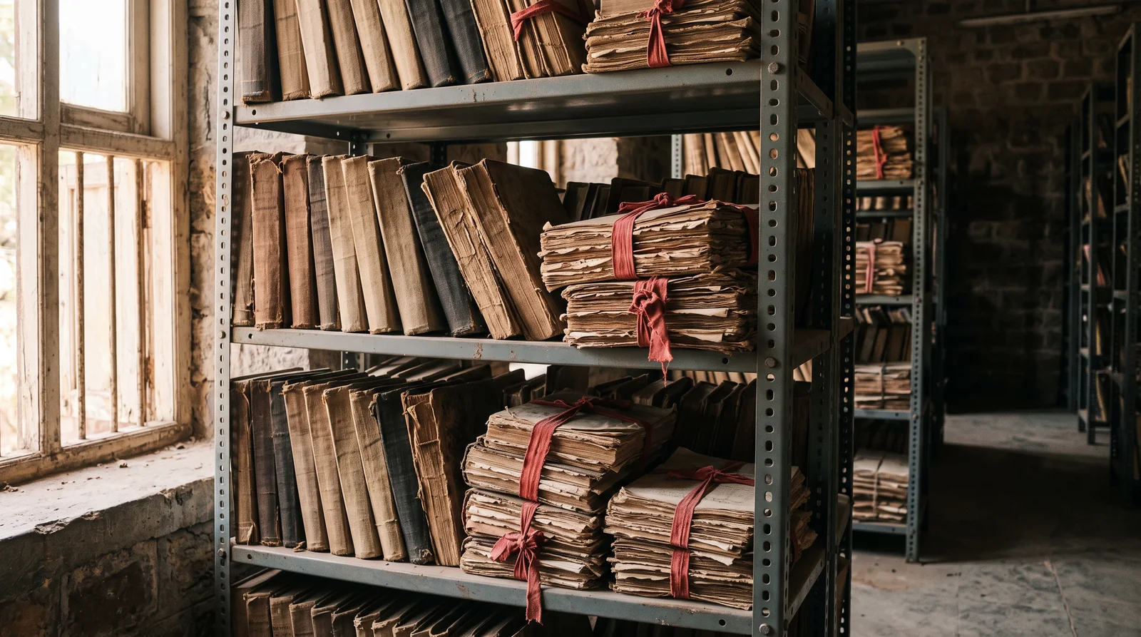 Metal shelves in a dim stone room hold rows of old cloth-bound registers and bundles of papers tied with red tape, light falling from a barred window.
