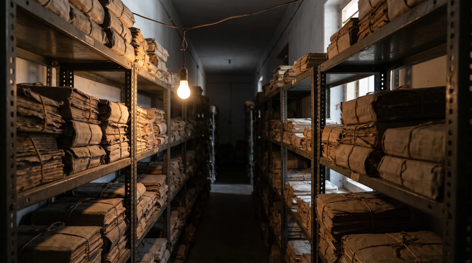 A narrow record room lined with metal shelves stacked with bundles of old files tied with string, lit by one bare bulb.