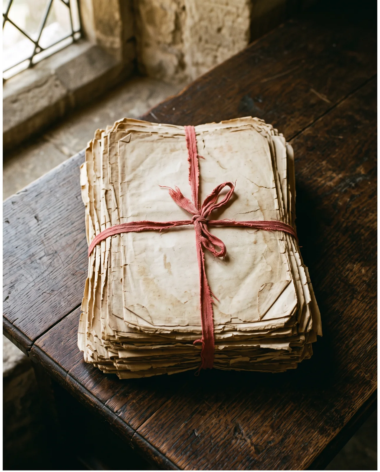 A stack of brittle, yellowed papers tied crosswise with a red cloth ribbon on a dark wooden bench by a window.