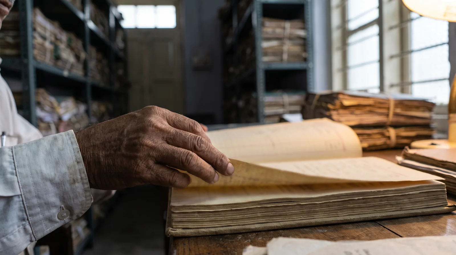 An old man's hand turns the page of a thick bound register on a wooden desk in a records office with shelves of files behind.