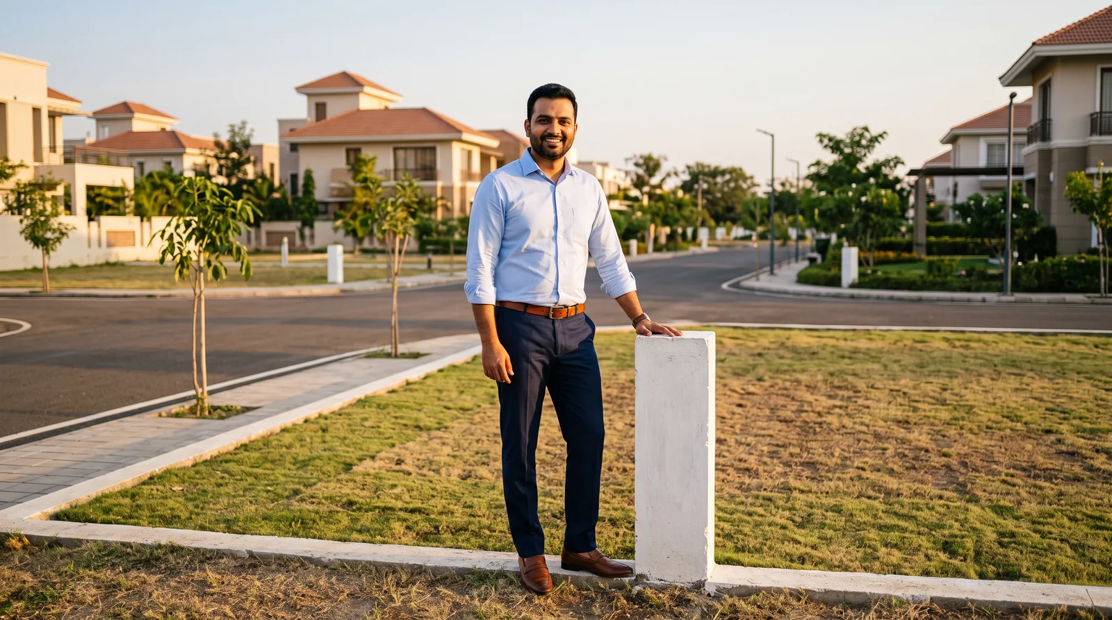 A young man in a blue shirt stands beside a white boundary pillar at the edge of a grassy plot in a residential colony.