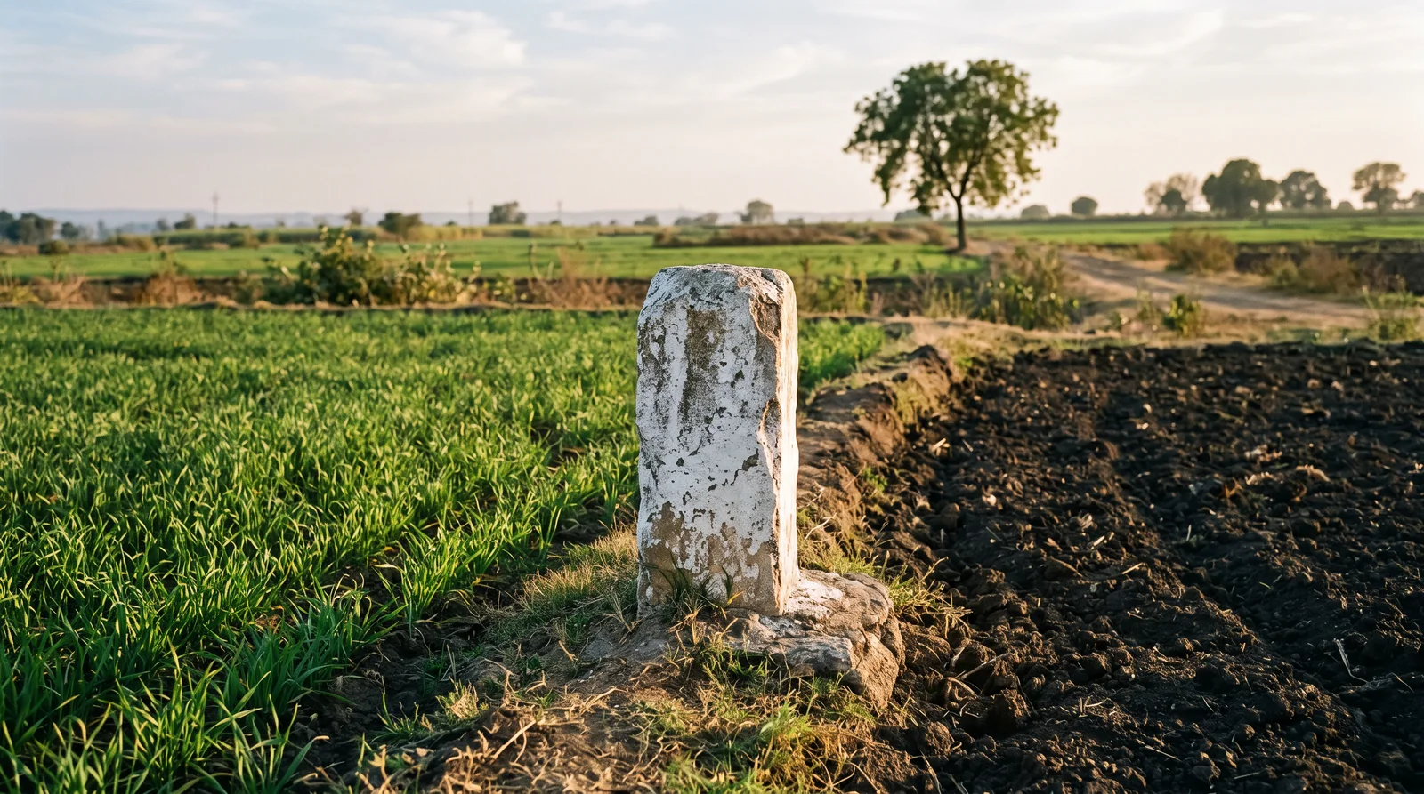 A weathered whitewashed boundary stone stands on an earthen bund between a field of young green wheat and a freshly ploughed field of dark soil.