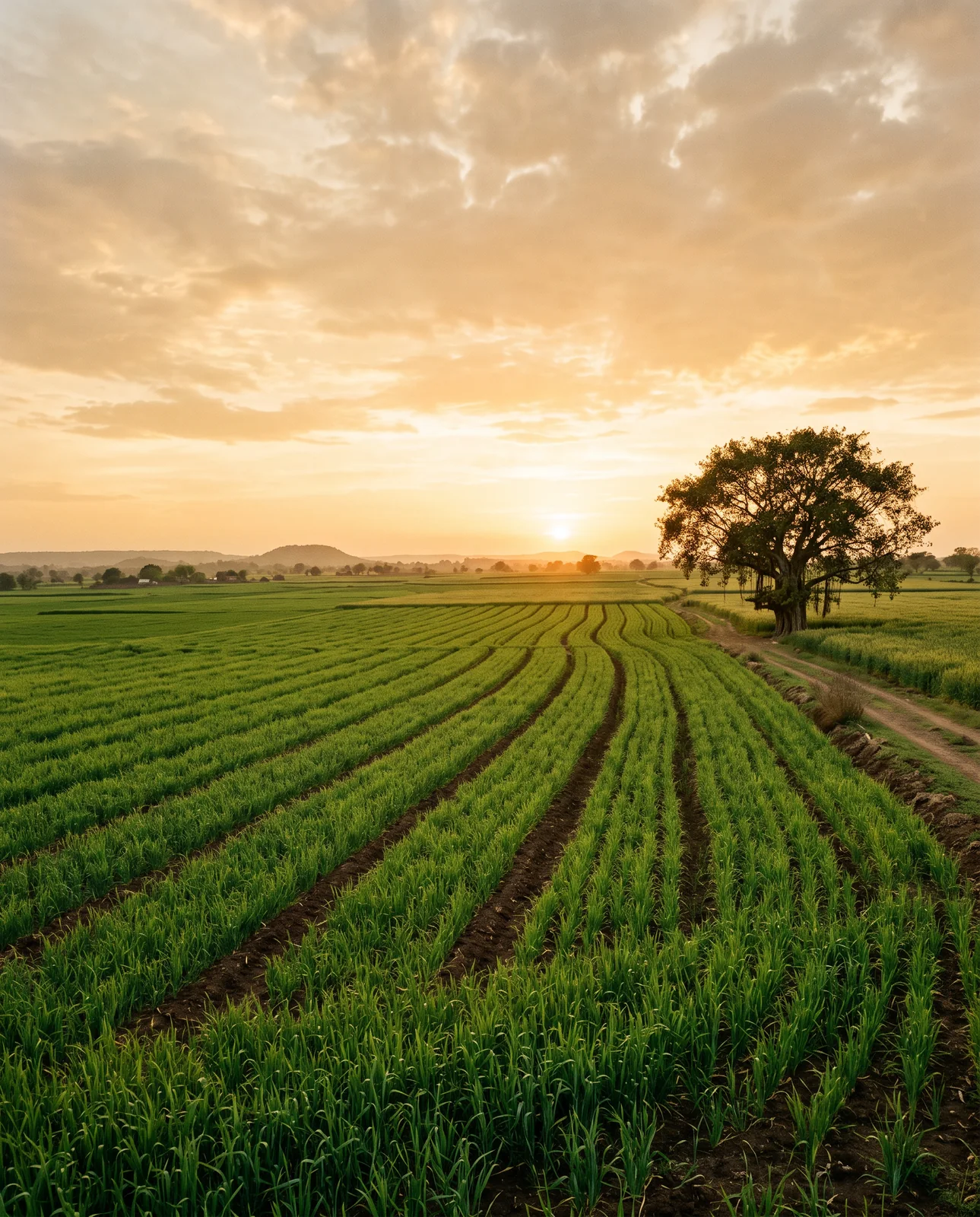 Rows of young green wheat stretch toward low hills under a golden evening sky, a large spreading tree beside a dirt track at the field's edge.