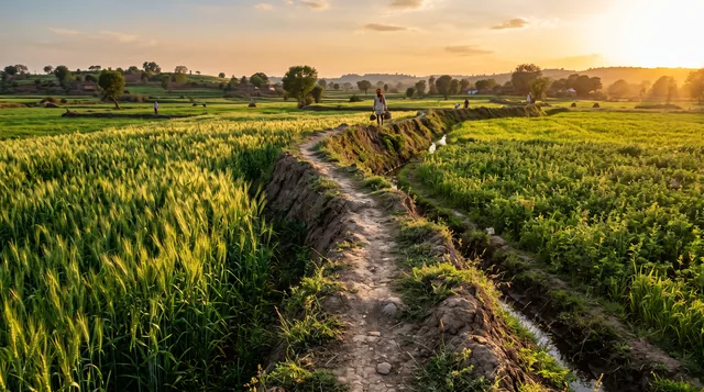 A raised earthen bund with a footpath runs between a field of tall green wheat and a field of leafy crops at sunset, a farmer walking along it in the distance.