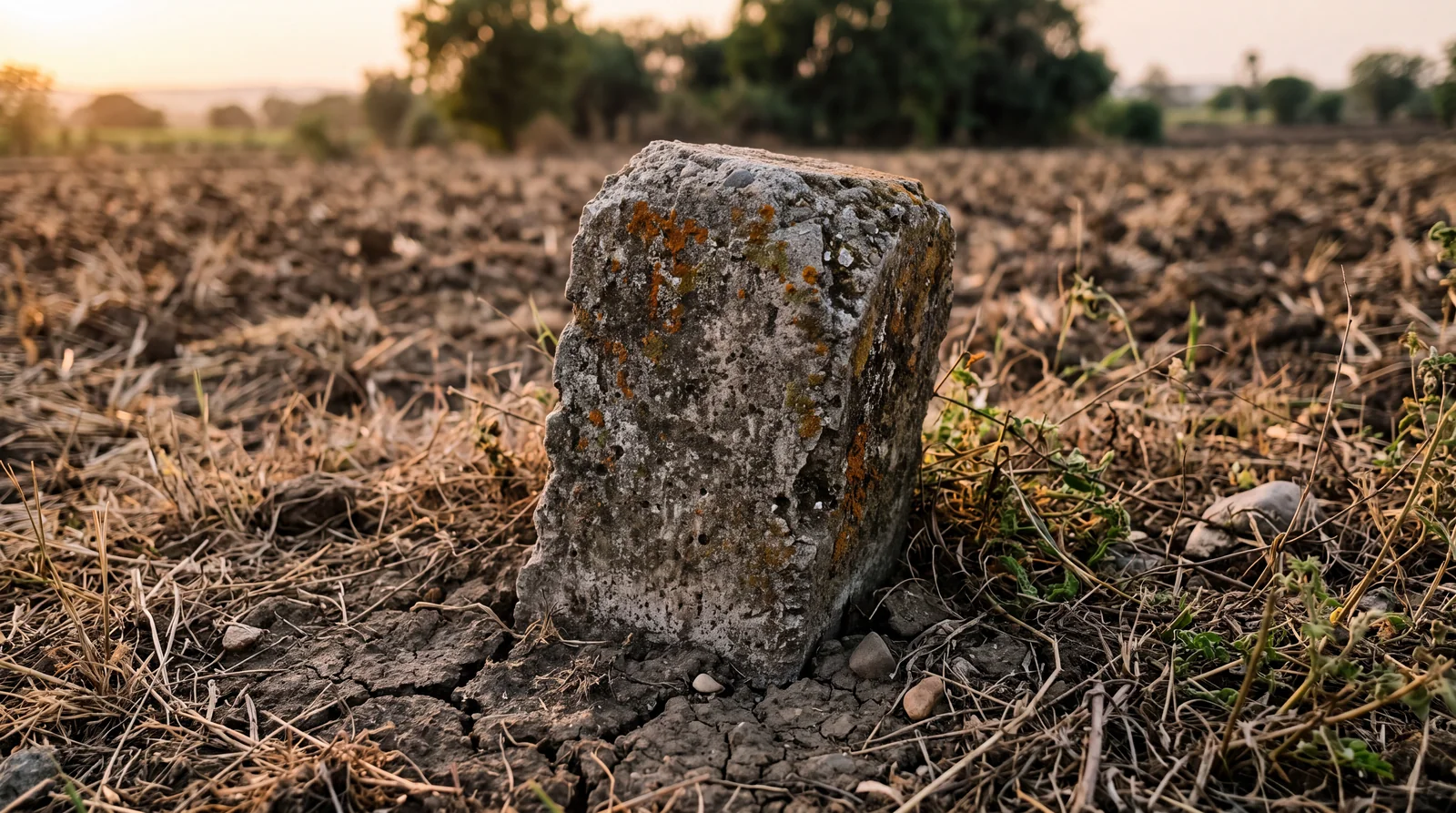 A weathered concrete boundary stone, blotched with orange lichen, stands in a dry ploughed field at dusk with trees blurred behind it.