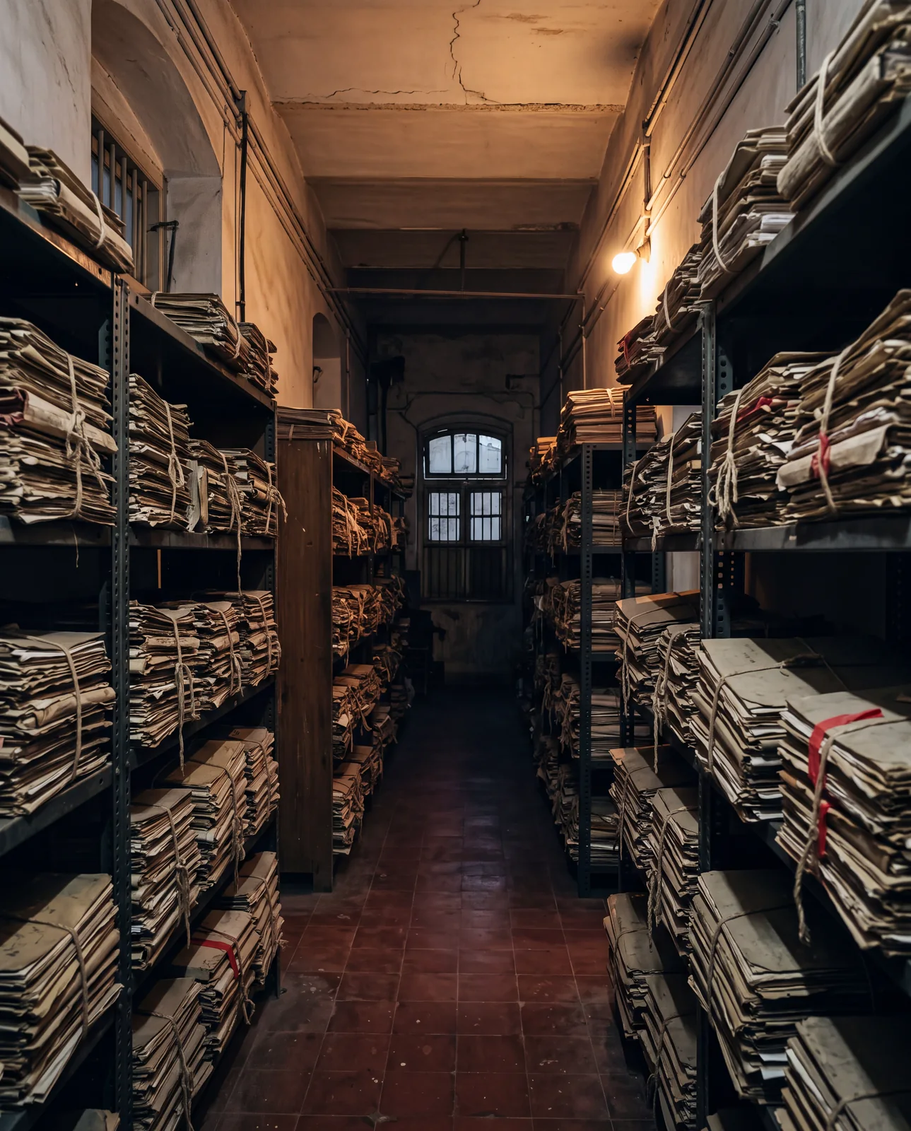 A narrow aisle in a record room, bundled files tied with string stacked on steel shelves to the ceiling under a single bulb