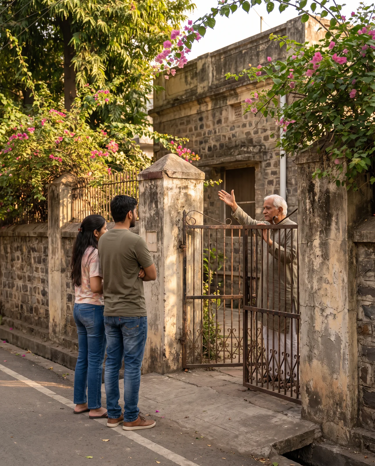 A young couple stands on the street outside an old stone house while an elderly man speaks to them from behind its iron gate.