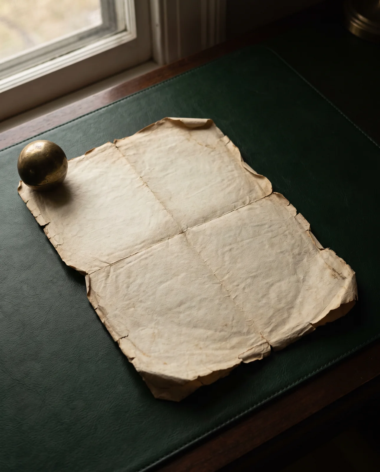 A single old folded sheet of paper with worn edges lies on a green leather desk pad, held flat by a brass weight.
