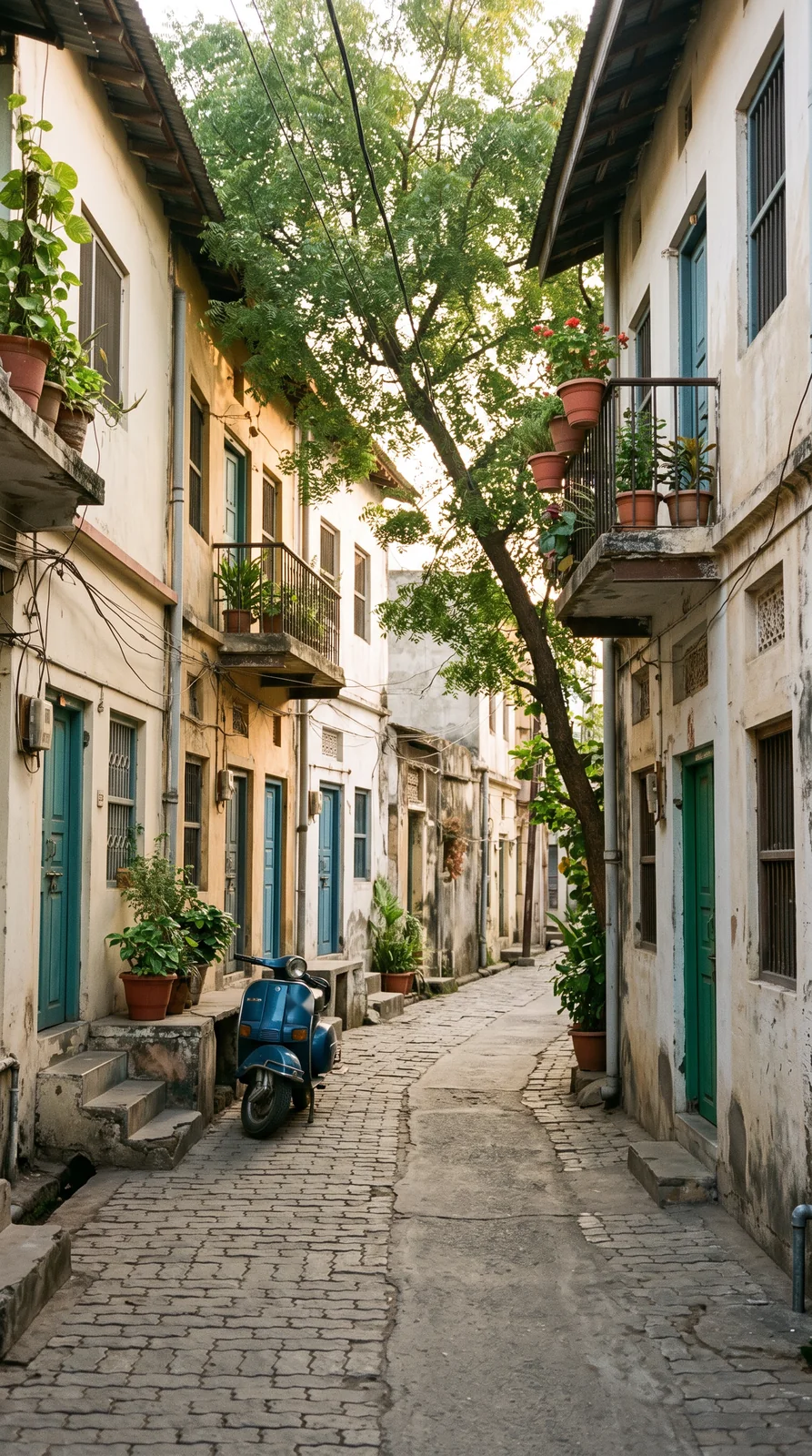 A narrow paved lane between old two-storey houses with blue doors, potted plants on balconies and a blue scooter parked by the steps.