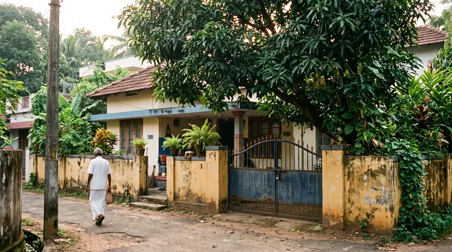 An elderly man in a white shirt and dhoti walks along a quiet lane past an old tiled-roof family house behind a yellow wall and a blue iron gate, a large mango tree over it.