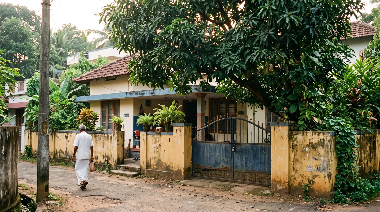 An elderly man in a white shirt and dhoti walks along a quiet lane past an old tiled-roof family house behind a yellow wall and a blue iron gate, a large mango tree over it.