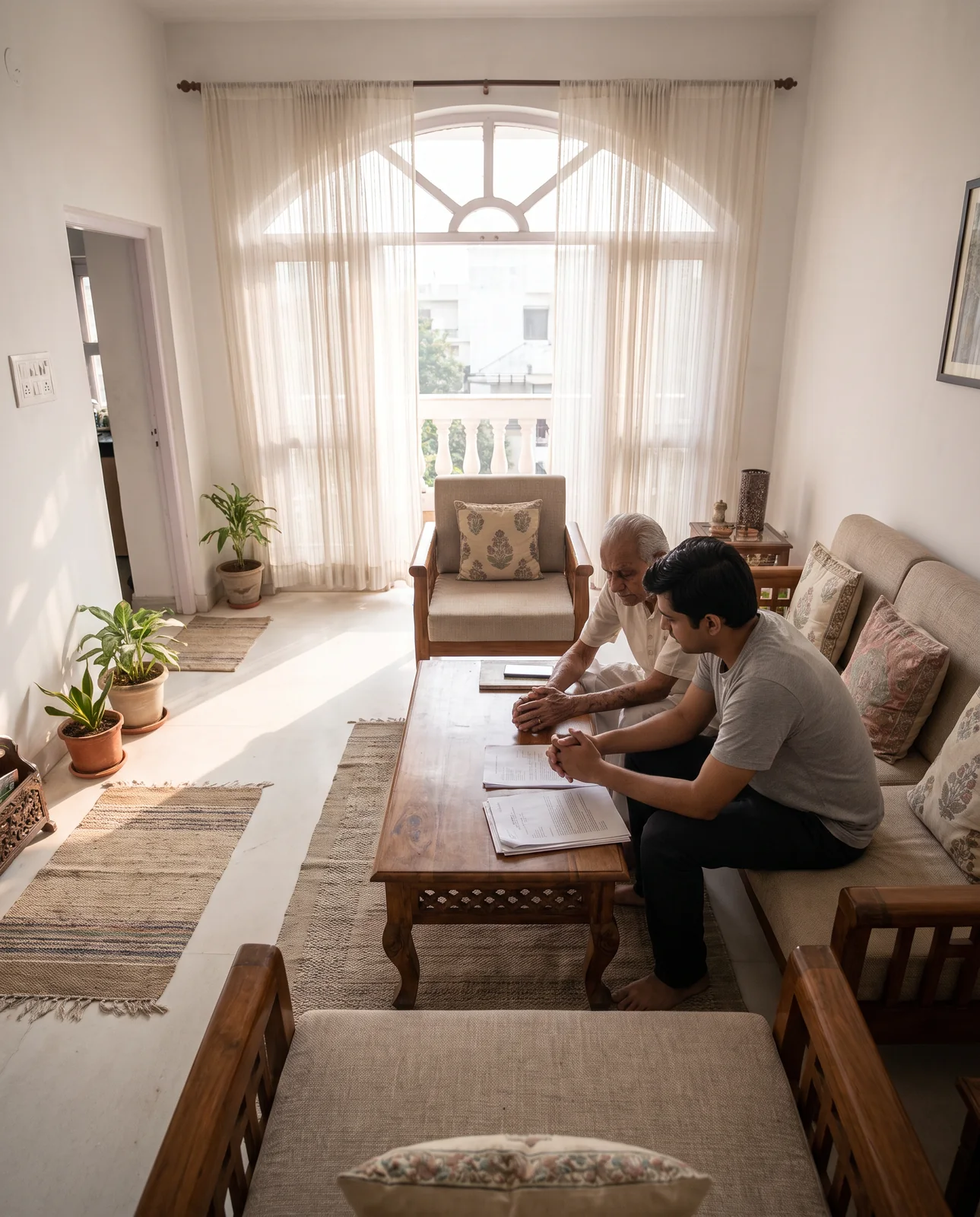 An elderly man and a young man sit side by side on a sofa in a bright living room, leaning over papers on a wooden coffee table.