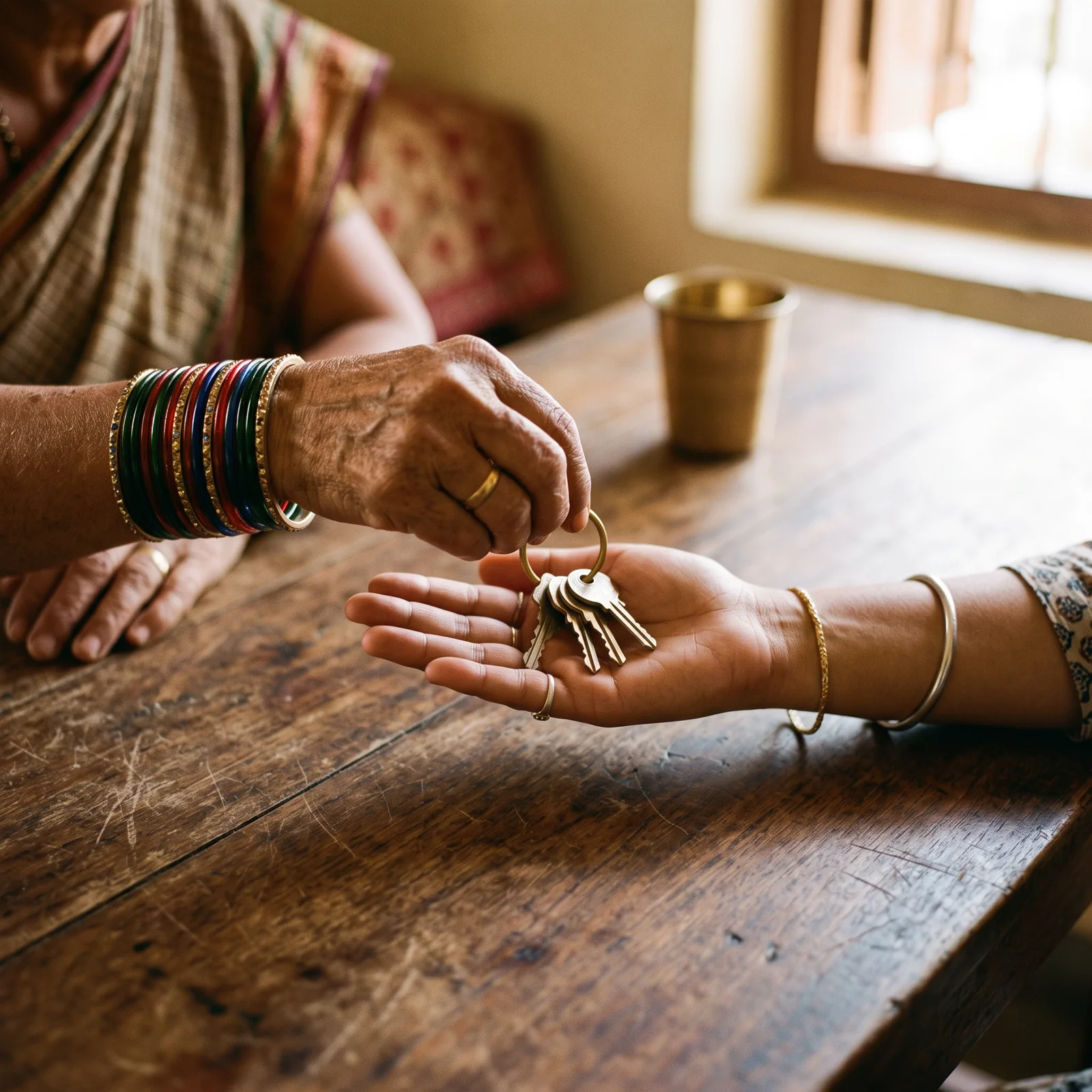 An older woman's hand, wearing glass bangles, places a ring of house keys into a younger woman's open palm across a worn wooden table.