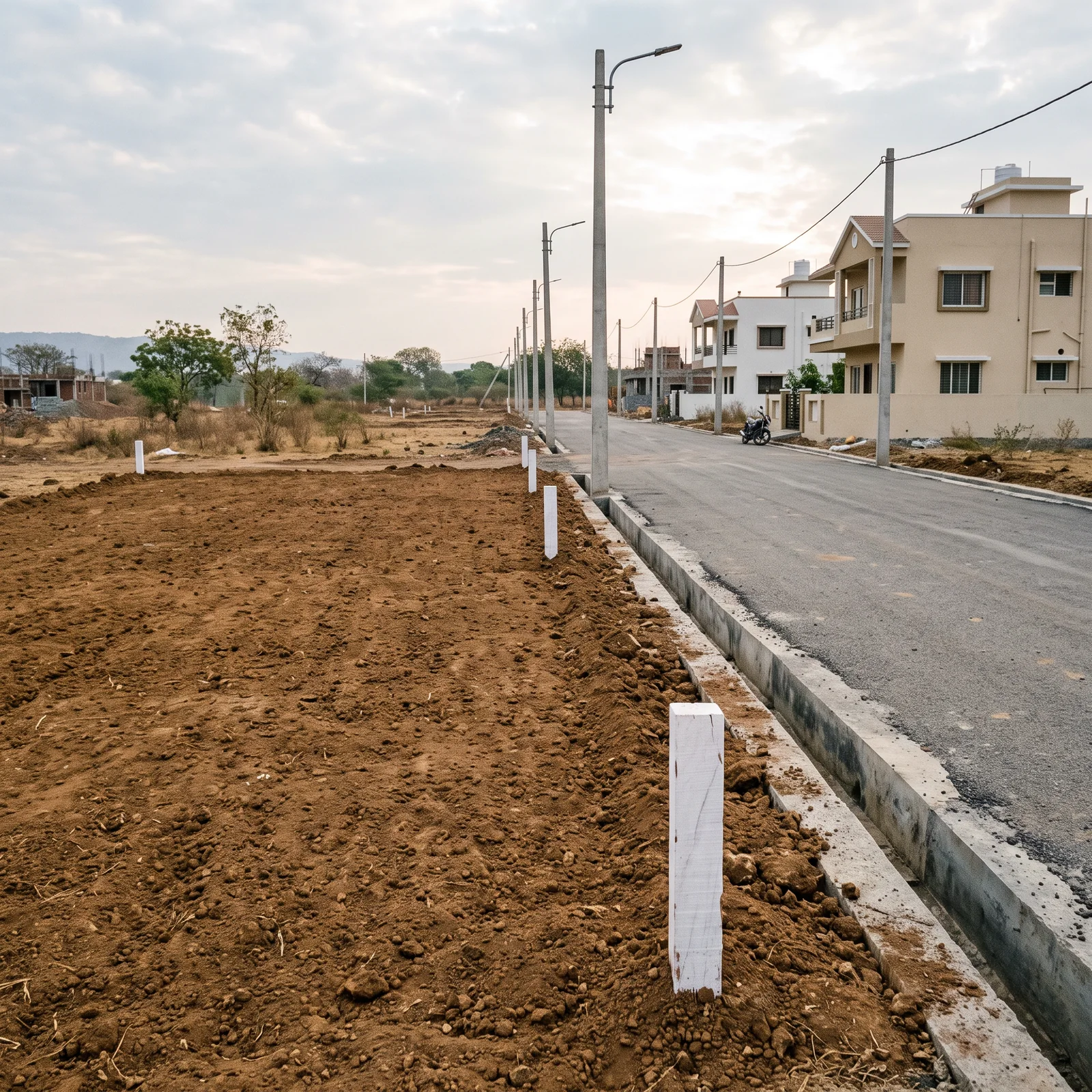 A levelled plot of red earth marked with white boundary posts beside a new road with a concrete drain and street lights, houses at the far end.