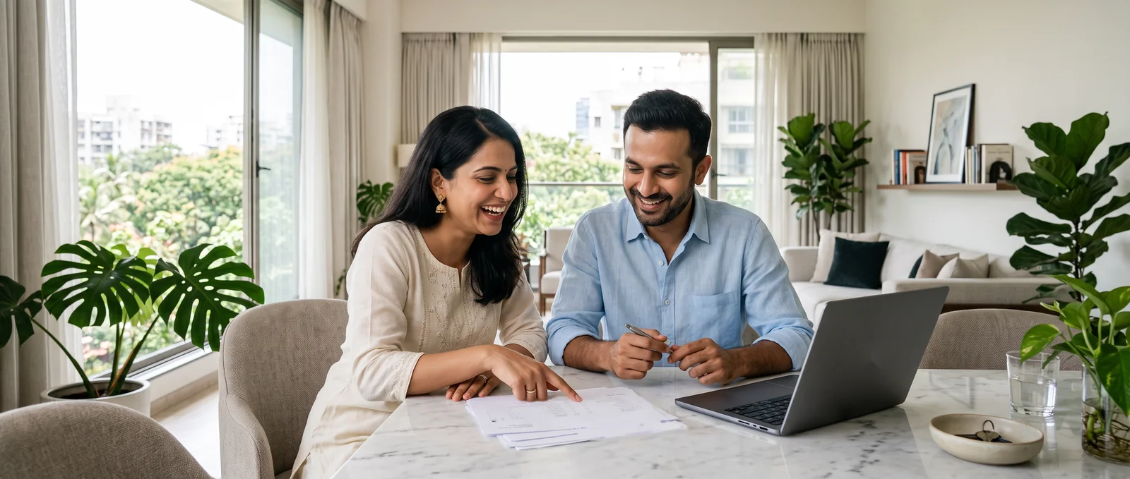 A smiling couple sit at a marble dining table in a bright flat, the woman pointing at a printed sheet while the man holds a pen beside an open laptop.