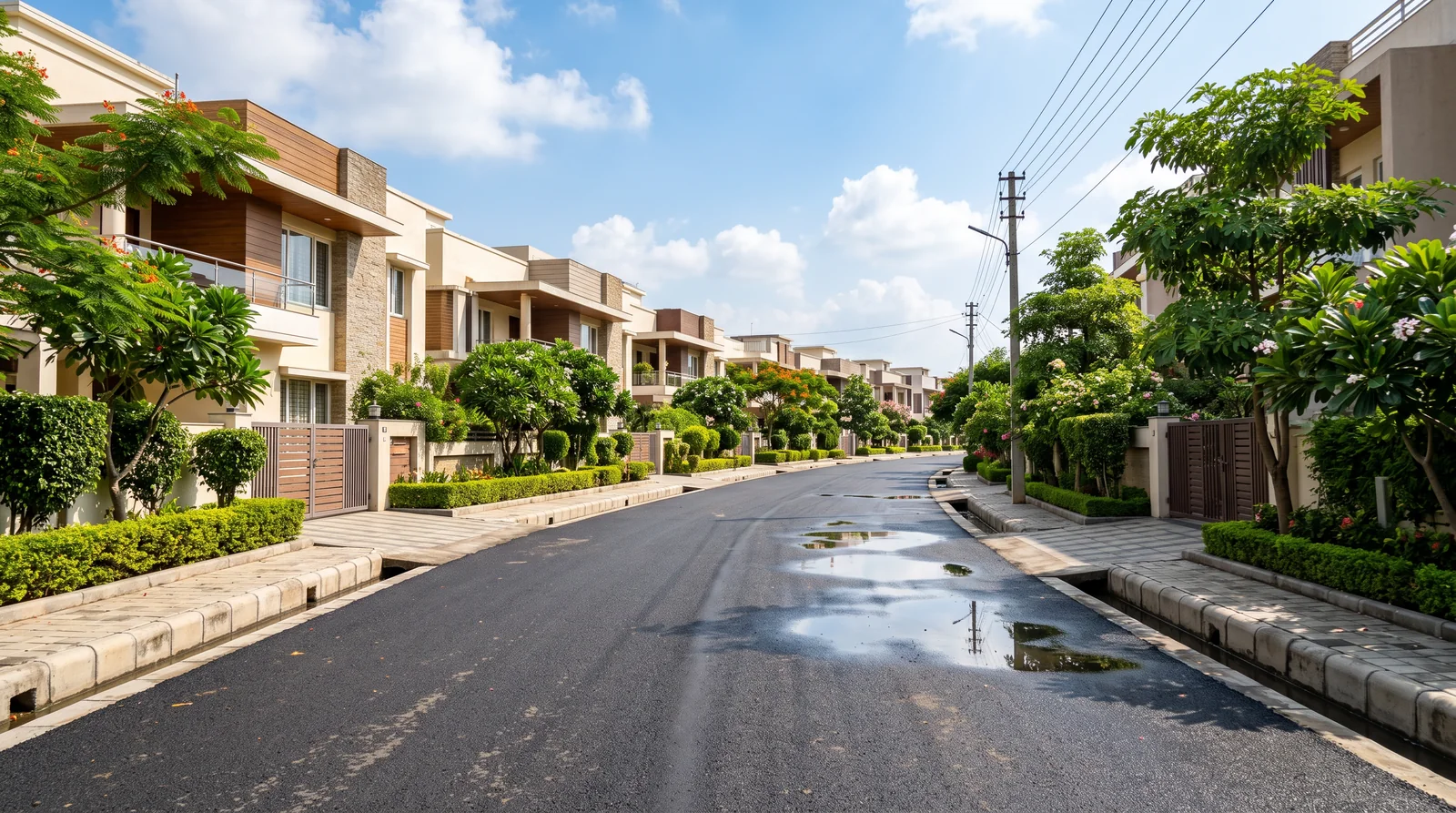 A freshly surfaced road through a residential colony after rain, puddles reflecting the sky, with two-storey houses and gardens on both sides.