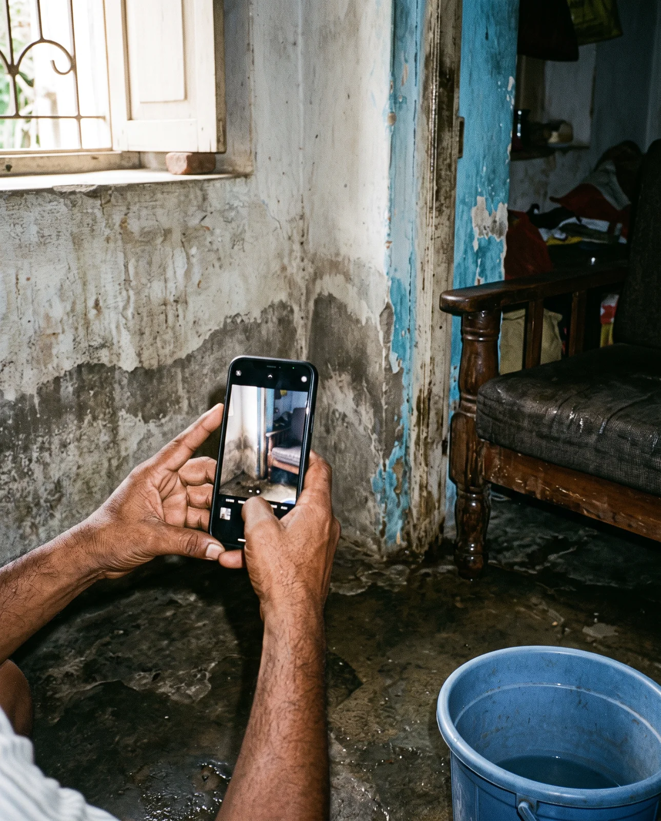 Hands hold a phone photographing a damp-stained wall and wet floor inside a room, a blue bucket of water in the corner.