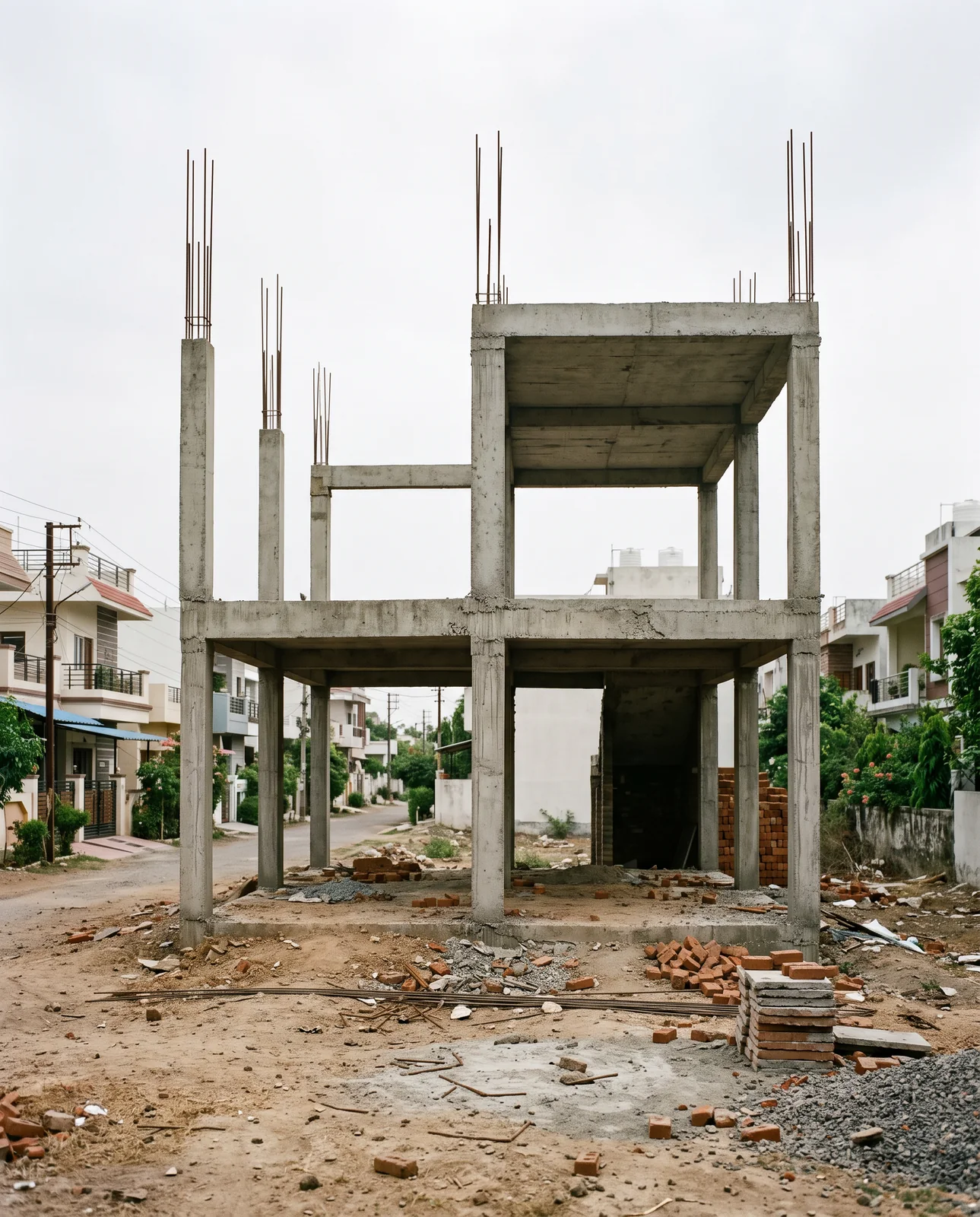 The bare concrete frame of a two-storey house with steel bars rising from its columns stands on a dusty plot between finished homes.