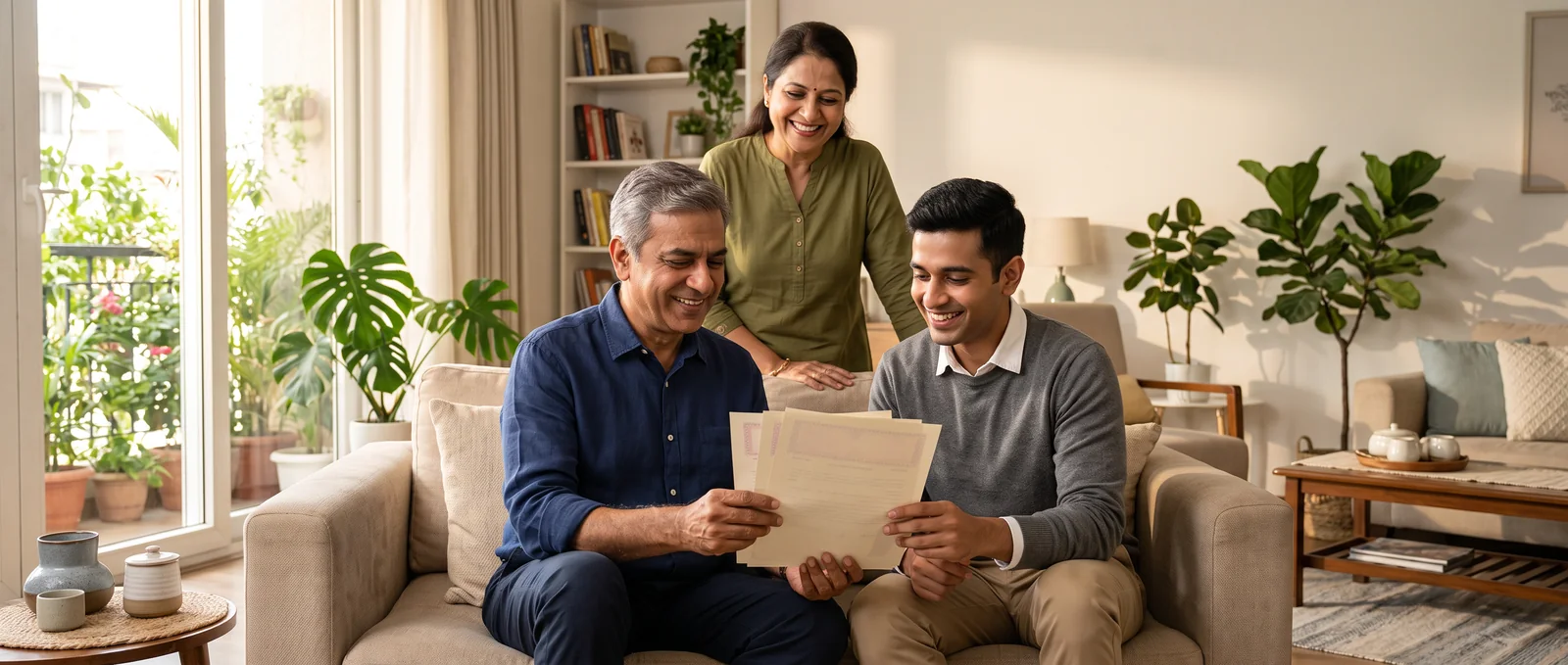 A father and grown son sit on a sofa in a bright living room, smiling over a set of papers, while the mother stands behind them looking on.