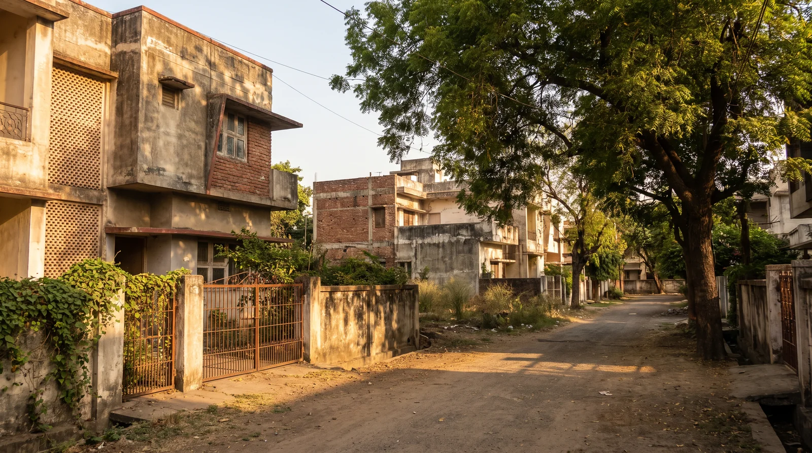 A quiet unpaved lane between older two-storey houses behind low walls and iron gates, a large neem tree casting late afternoon shade.