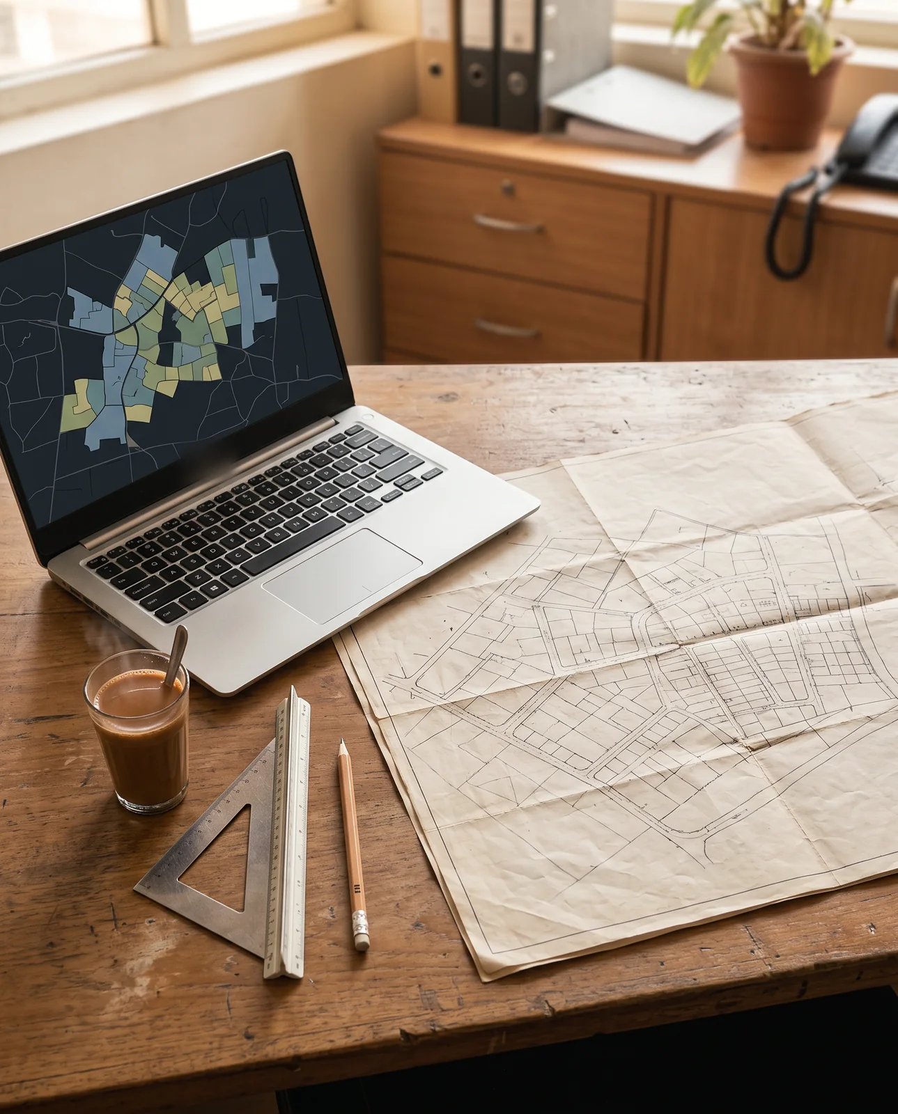 A colony map on a laptop beside a paper layout plan, a set square and chai.