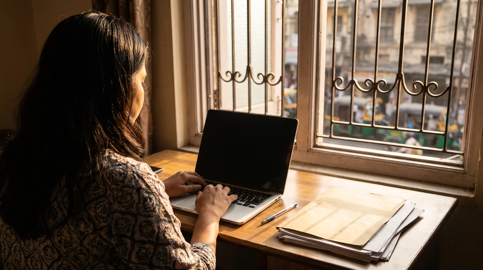 A woman seen from behind types on a laptop at a wooden desk by a barred window, a stack of papers and a pen beside her.